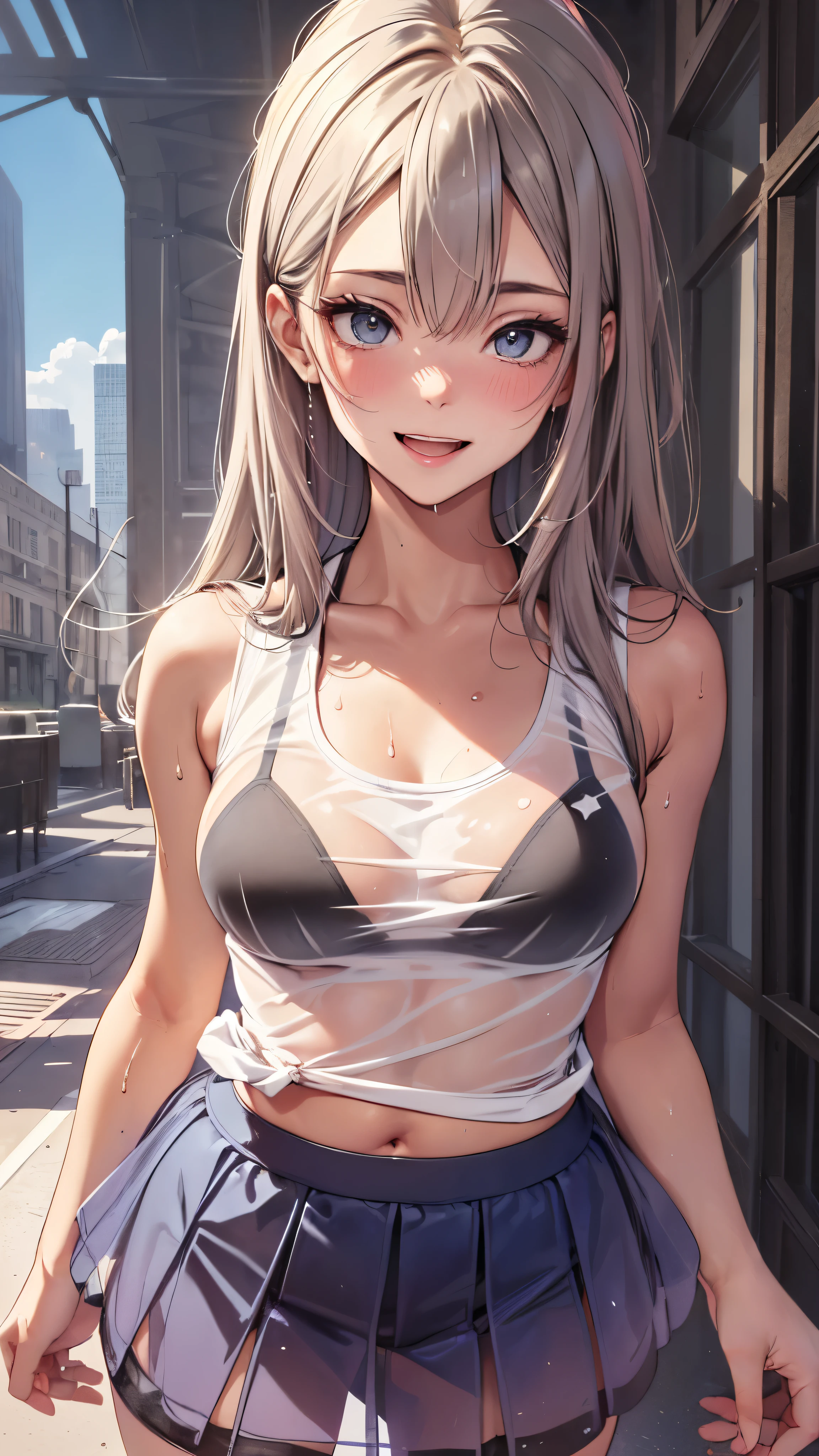 1 female,golden hair,25 years old,(((blue shiny micro tight skirt)))((white tank top))(((blush、open mouth smile)),(((straight hair))),(((portrait))),crowd,,(wet with sweat)((sexy black bra and see-through tank top))()(((small breasts)))