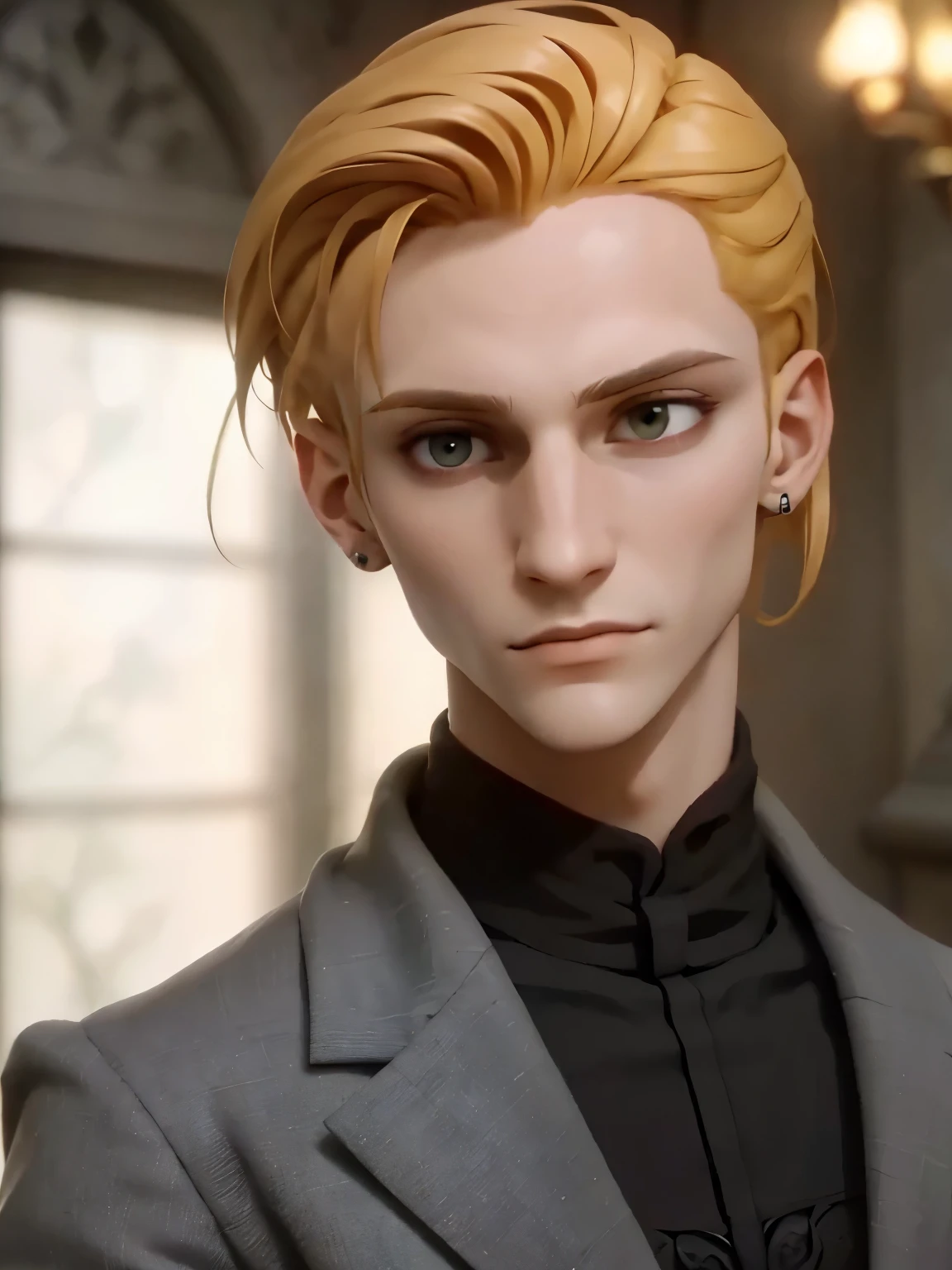 Nikolai has golden hair, shaved on one side and styled on the other, yellow eyes and slightly crooked nose, he has a beautiful face, "outlined by the features of a fairy-tale prince". He is described as extremely charming, handsome and smiling