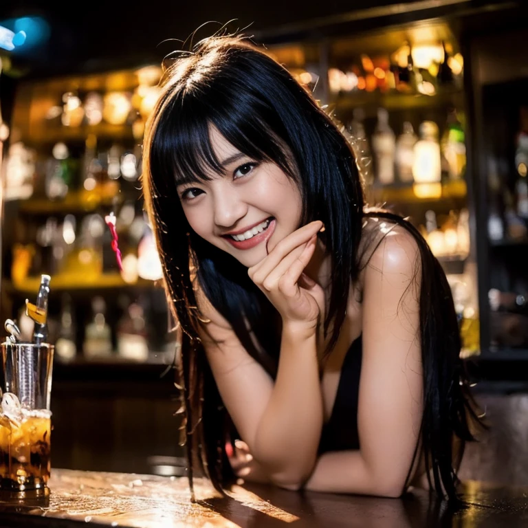 anime girl with black hair, sensual and with a pretty look, will be having a drink at a bar