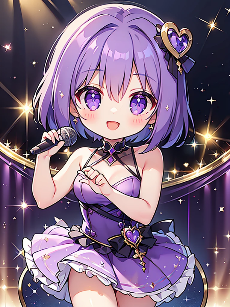 masterpiece, highest quality, excellent anatomy、1 girl, skin texture、beautiful、Minimalistic colors、short hair、purple hair、eyes purple、idol type、(hold the microphone with both hands:1.2)、cute translucent purple dress、heart-shaped sparkling eyes、a smile that charms you、Be in the spotlight、glitter stage.