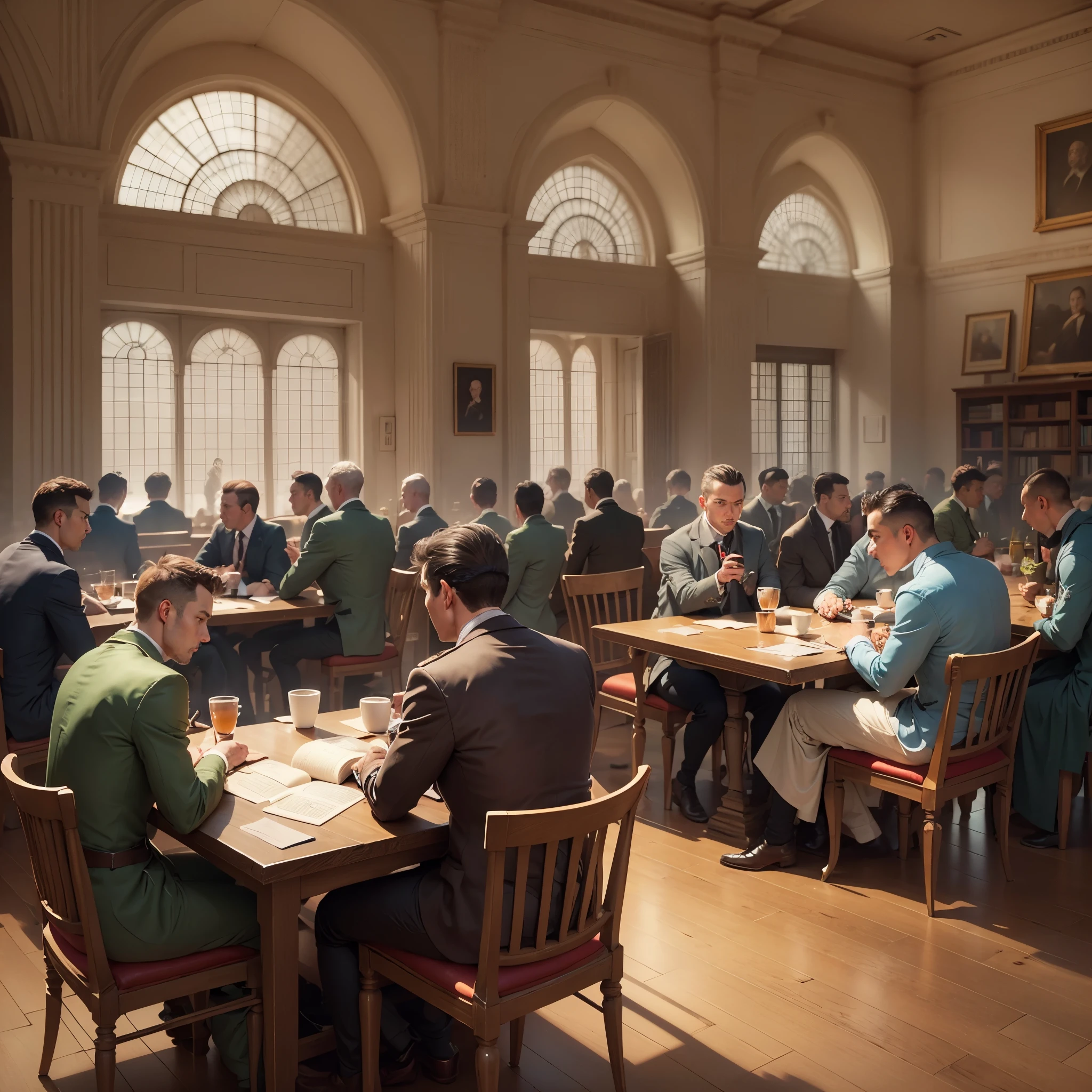 a large group of male aristocrates, sitting in a coffee house on a long table, reading books, drinking coffee, imperial age, dark theme, realistic --auto --s2