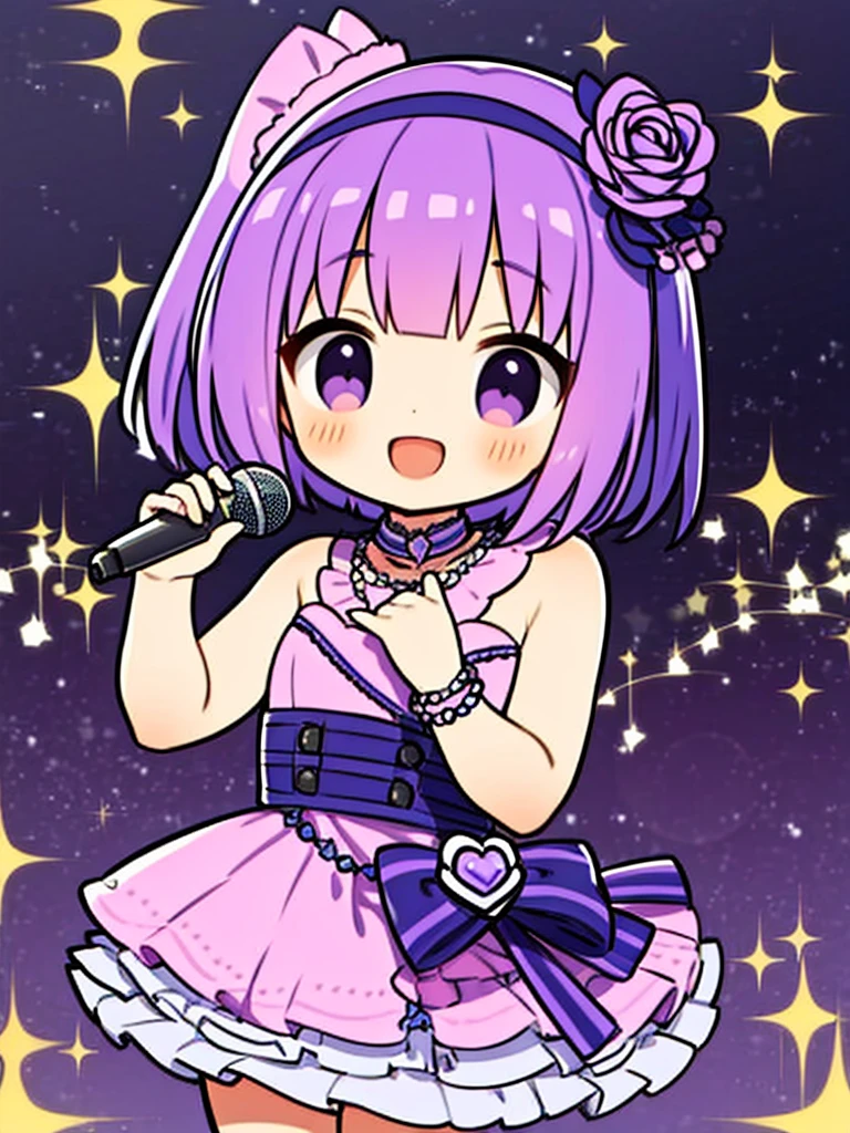 masterpiece, highest quality, excellent anatomy、1 girl, skin texture、beautiful、Minimalistic colors、short hair、purple hair、eyes purple、idol type、(hold the microphone with both hands:1.2)、cute translucent purple dress、heart-shaped sparkling eyes、a smile that charms you、Be in the spotlight、glitter stage.