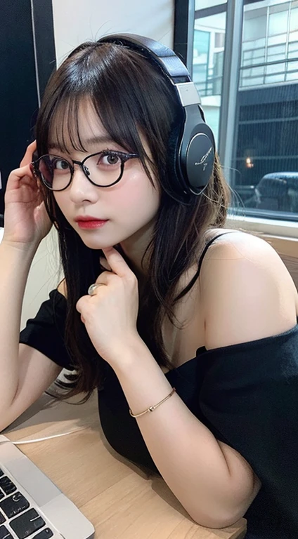 Masterpiece, best quality, illustration, Very detailed, exquisite details, highest resolution, 8K wallpaper, Perfect dynamic composition, Beautifully detailed eyes, natural lip, Gaming set, Playing video games on the computer, rift, full body, wear glasses, sexy pose, lie down, Lie on your side, In front of the table, Wear headphones, out of focus background, Camera angle from behind