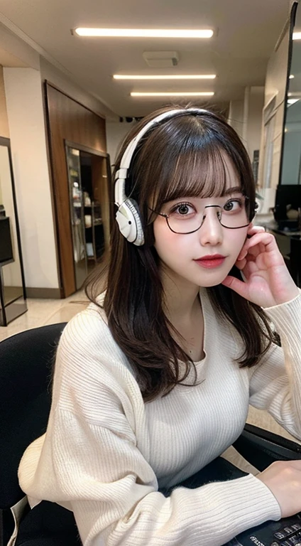 Masterpiece, best quality, illustration, Very detailed, exquisite details, highest resolution, 8K wallpaper, Perfect dynamic composition, Beautifully detailed eyes, natural lip, Gaming set, Playing video games on the computer, rift, full body, wear glasses, sexy pose, lie down, Lie on your side, In front of the table, Wear headphones, out of focus background, Camera angle from behind