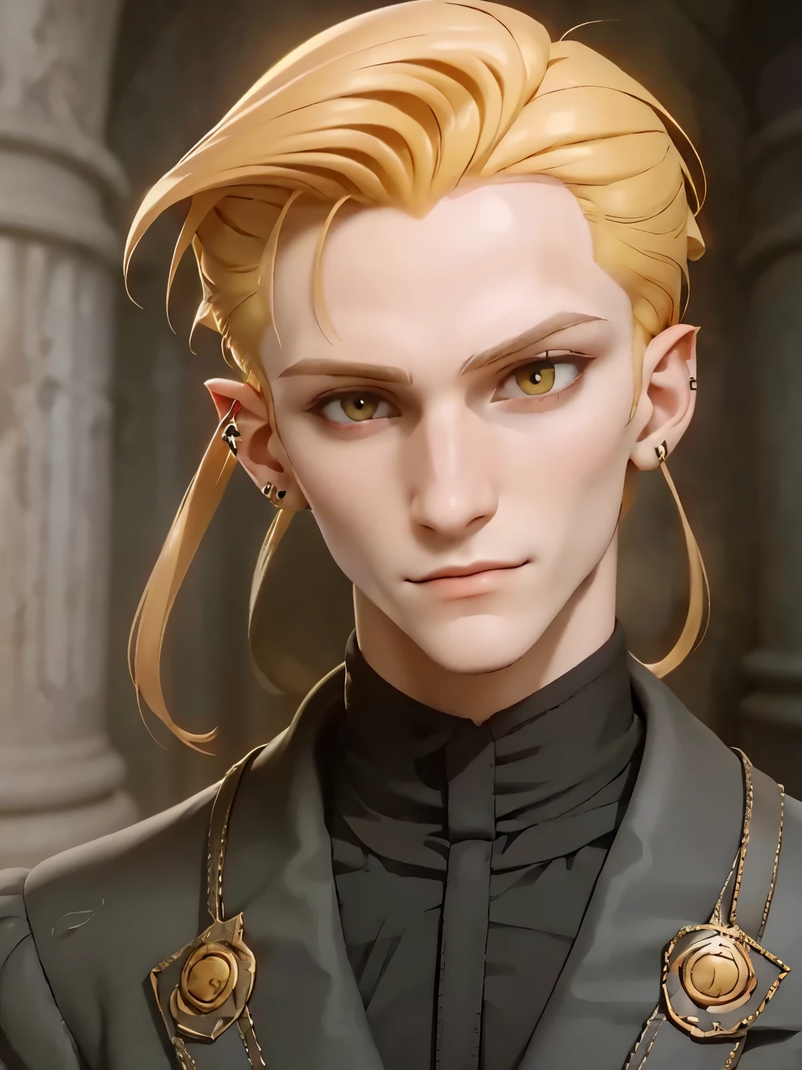 Nikolai has golden hair, shaved on one side and styled on the other, yellow eyes and slightly crooked nose, he has a beautiful face, "outlined by the features of a fairy-tale prince". He is described as extremely charming, handsome and smiling