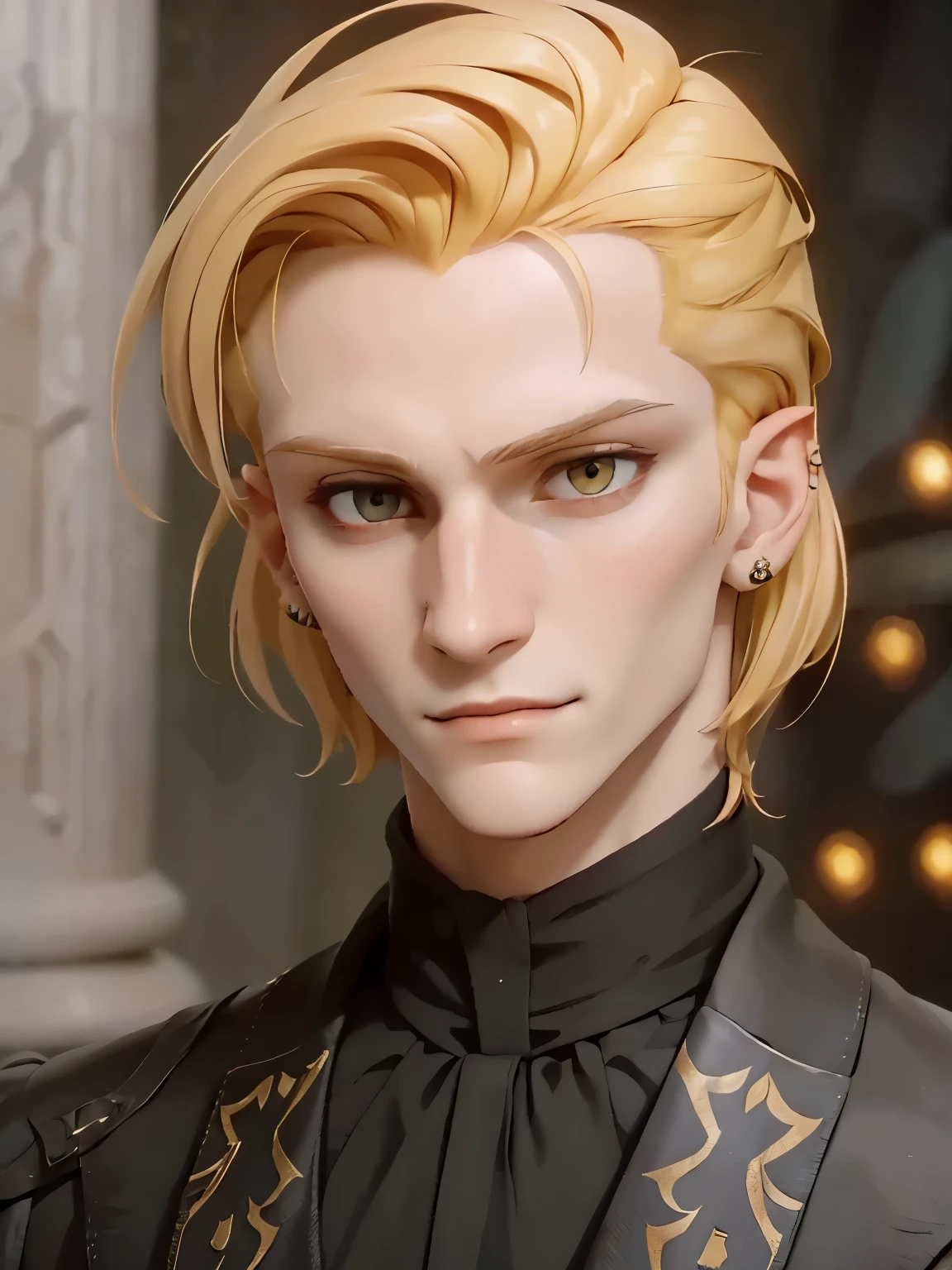 Nikolai has golden hair, shaved on one side and styled on the other, yellow eyes and slightly crooked nose, he has a beautiful face, "outlined by the features of a fairy-tale prince". He is described as extremely charming, handsome and smiling