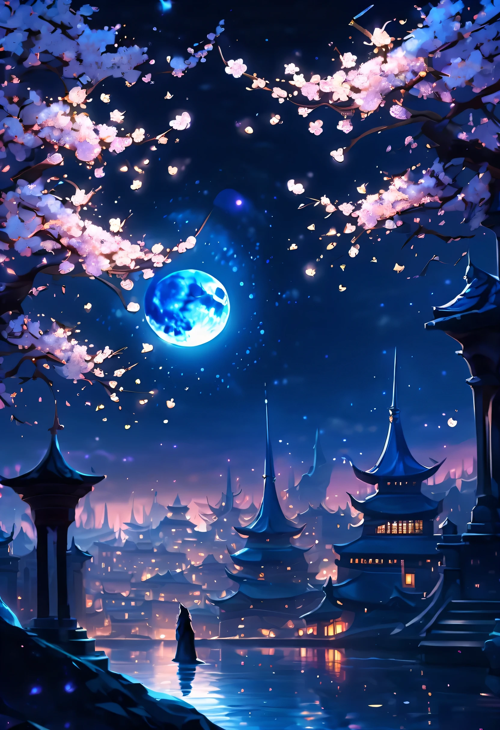night view, dark fantasy cityscape, crescent moon, creating an epic dark fantasy atmosphere, confuses truth light of turned, brilliance of countless star shards, justice and stupidity, in the blinking distance, fragments of the disappearing star are scattered, light and darkness, nightmarish wolf, graceful whatever atmosphere, spring and winter fusion, cherry blossoms shower with freezing motion, golden ratio harmony,