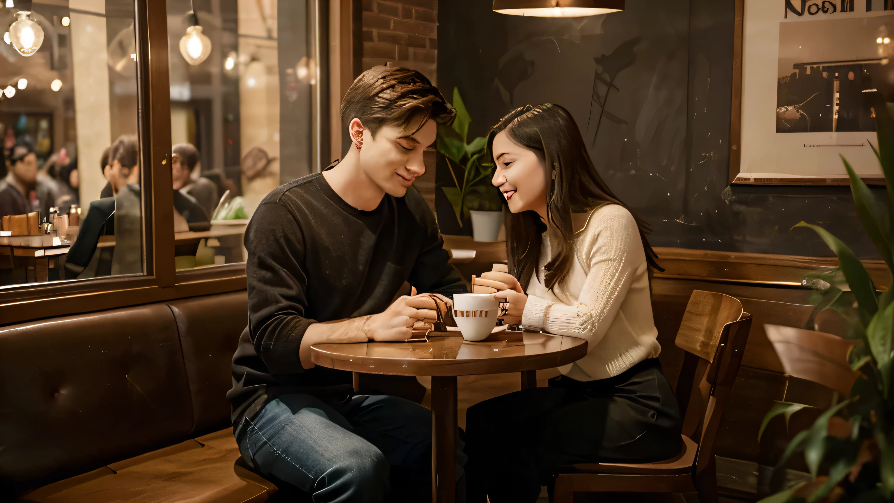 Couple sitting in cafe, listen to piano music,chat. Photos can be real photos or illustrations, but it should create a warmth, romantic atmosphere.