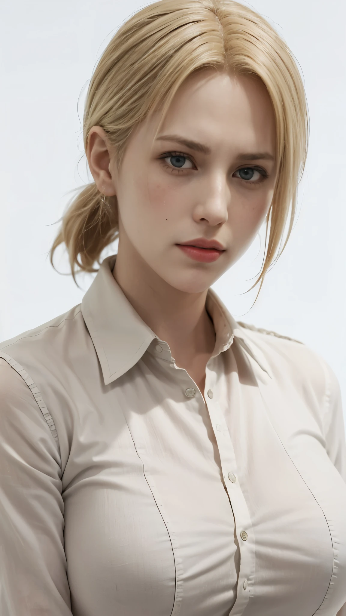 (((Annie Leonhart))) (Attack on Titan), beautiful Annie leonhart sharp face ,Mappa, large breasts, white background , Blonde hairs, collared shirt, white shirt, expressive eyes, innocent happy look,red lips, seductive ,
