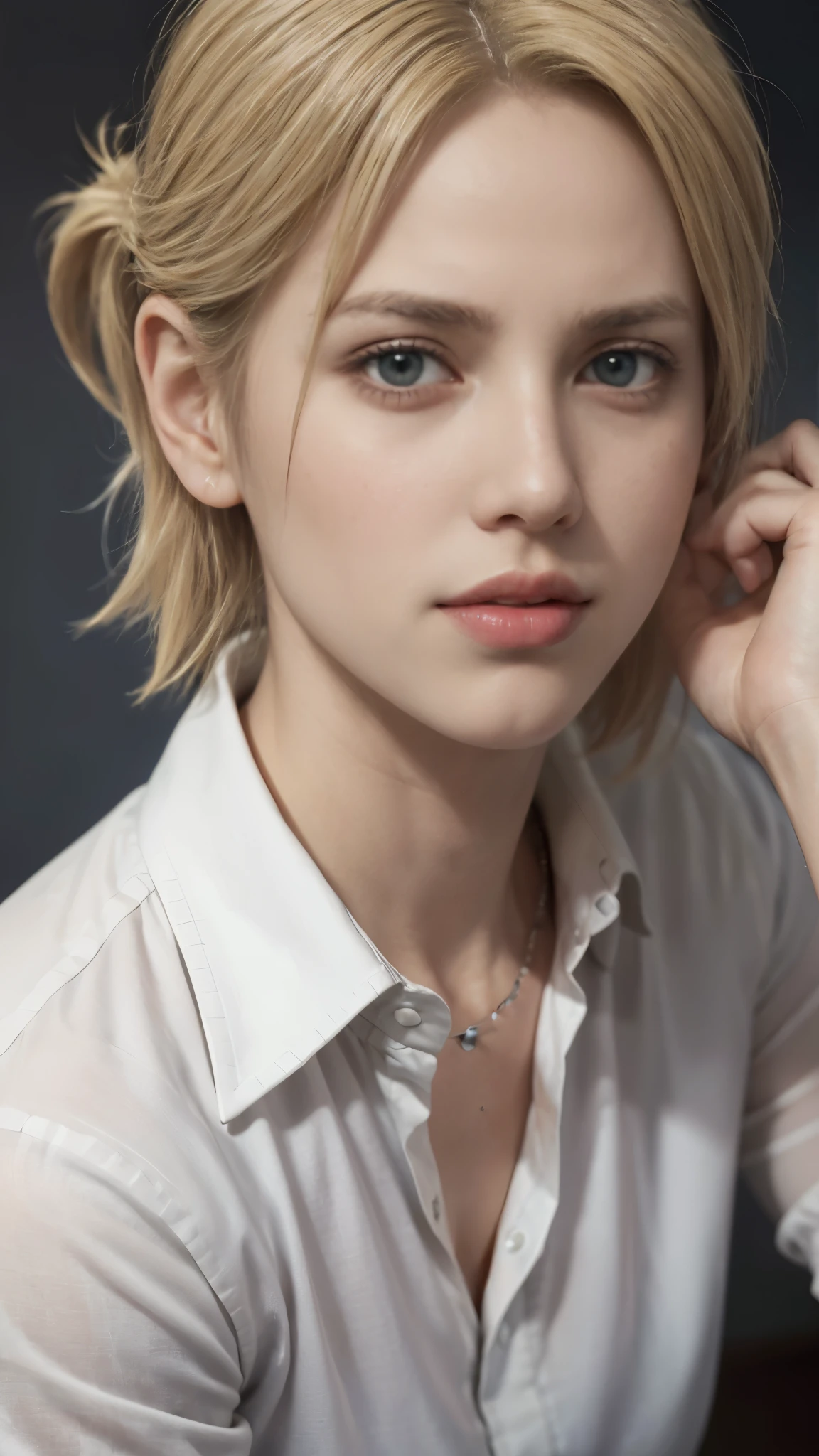 (((Annie Leonhart))) (Attack on Titan), beautiful Annie leonhart sharp face ,Mappa, large breasts, white background , Blonde hairs, collared shirt, white shirt, expressive eyes, innocent happy look,red lips, seductive ,
