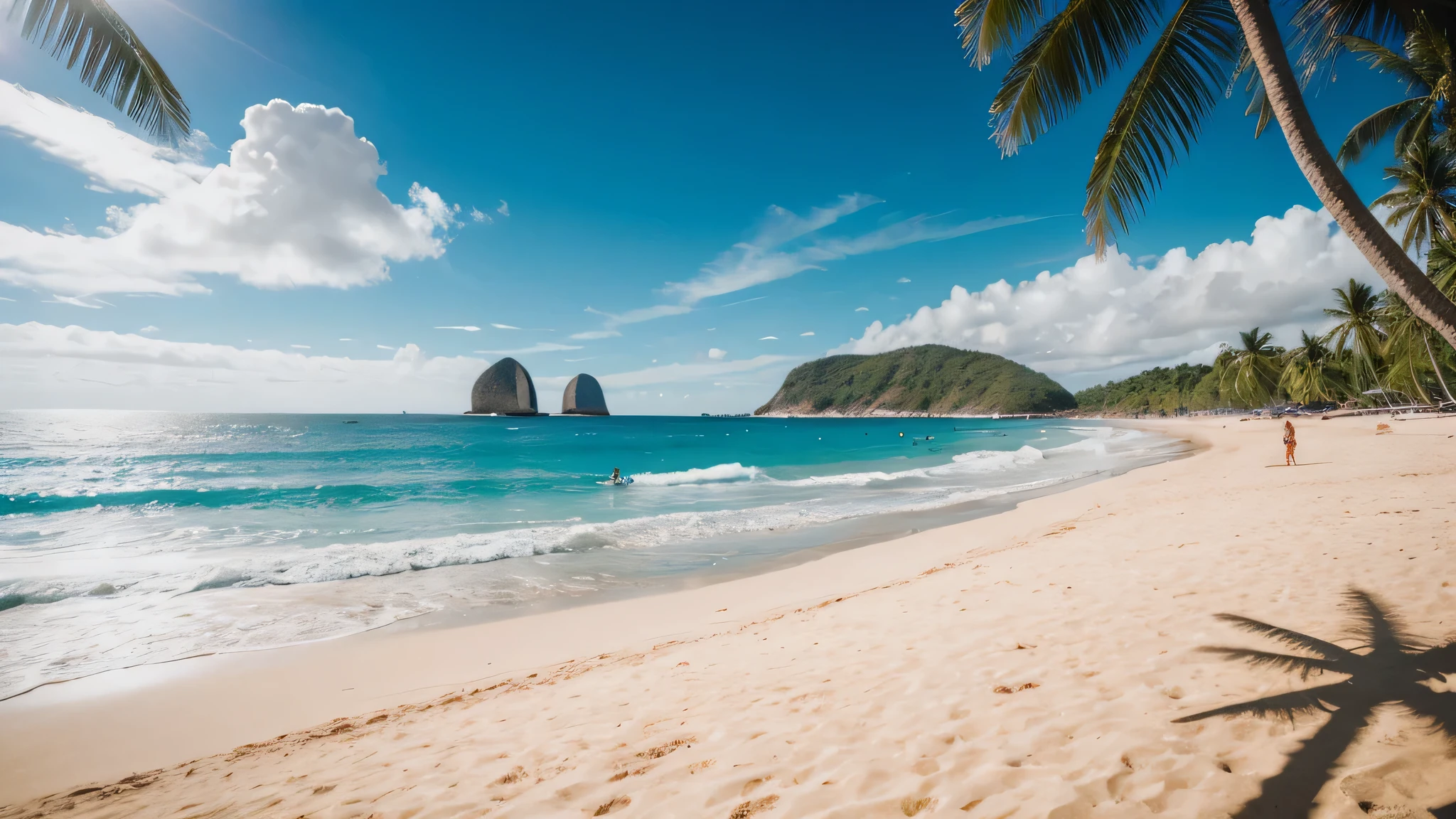 (a beautiful beach in Brazil,a sunny day,white sand,clear blue water,tropical palm trees,surfers catching waves,vibrant colors,relaxing atmosphere,glistening waves,refreshing breeze,crystal clear ocean)
(highres,ultra-detailed,photorealistic), HDR, vivid colors, vibrant tones, warm sunlight, dynamic lighting)。