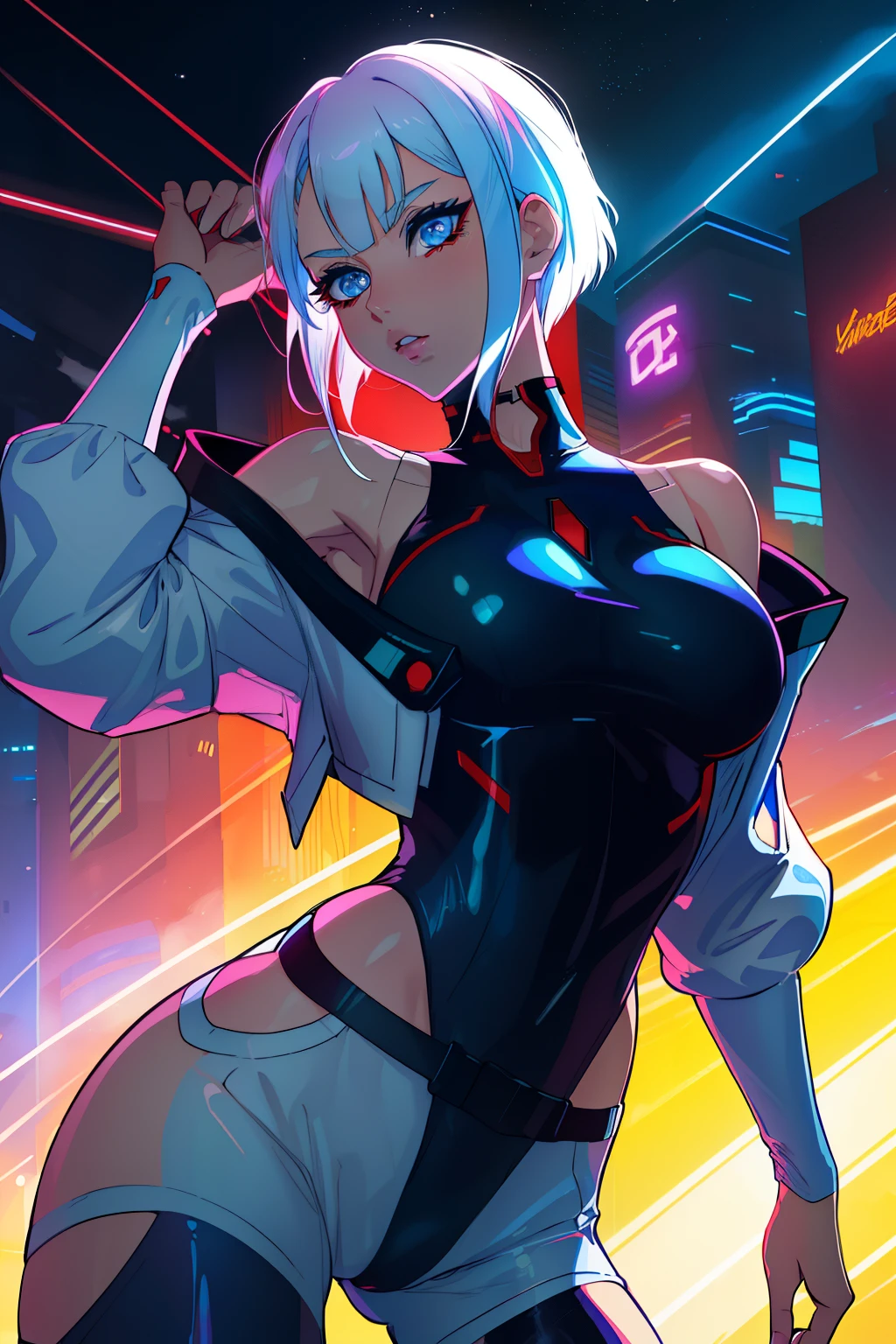 cyberpunk edgerunners, 1girl, lucy \(cyberpunk\), bare shoulders, blue eyes, breasts, leotard, looking at viewer, medium breasts, off-shoulder jacket, off shoulder, red eyeliner, short hair, sleeveless turtleneck leotard, solo, turtleneck leotard, white hair, ((masterpiece))