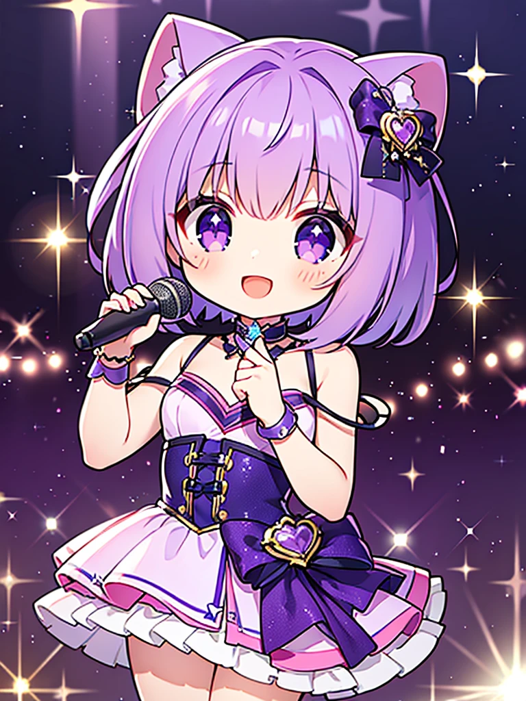 masterpiece, highest quality, excellent anatomy、1 girl, skin texture、beautiful、Minimalistic colors、short hair、purple hair、eyes purple、idol type、(hold the microphone with both hands:1.2)、cute translucent purple dress、heart-shaped sparkling eyes、a smile that charms you、Be in the spotlight、glitter stage.