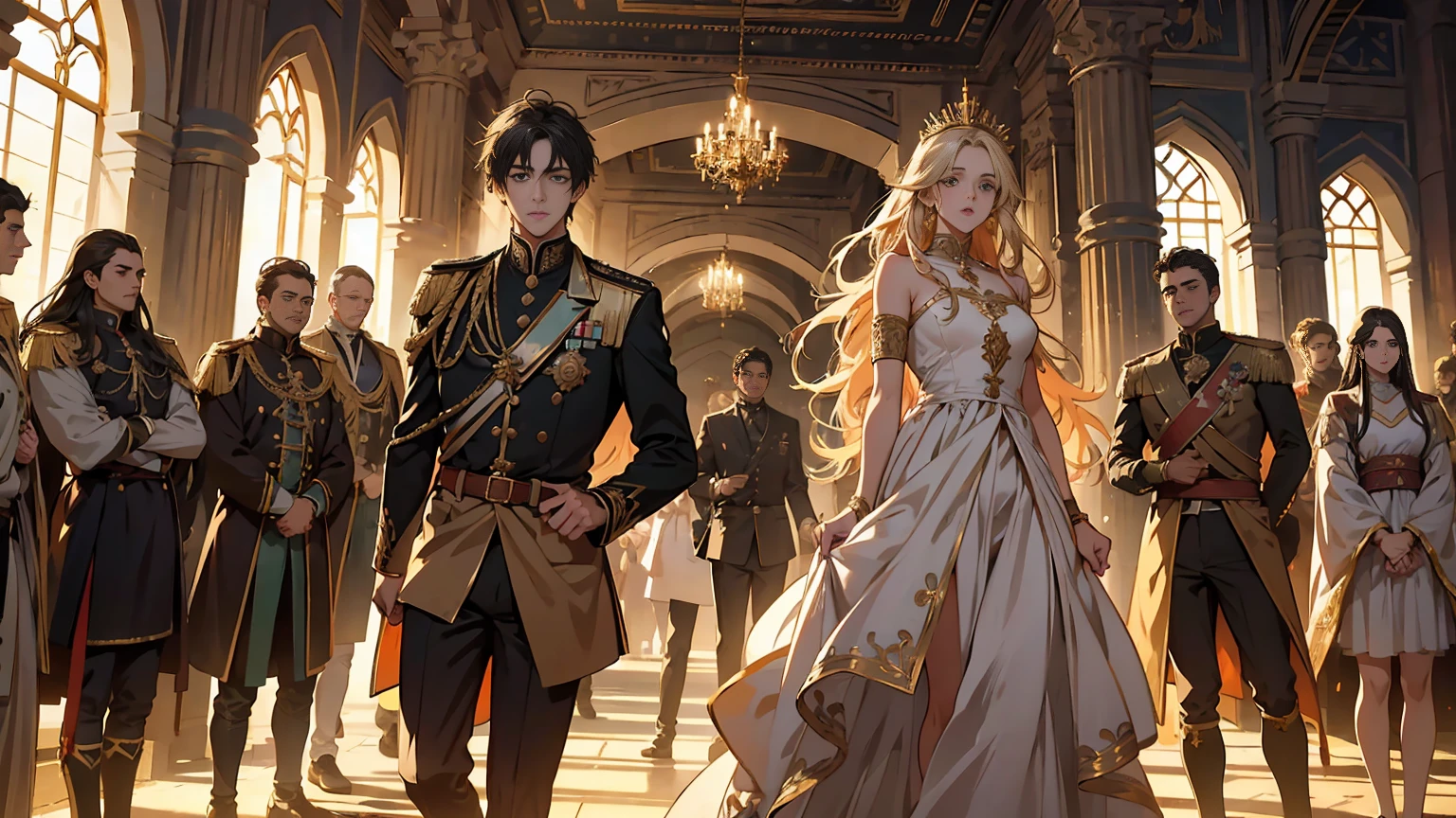 NSFW, Create a high-resolution, highly detailed anime-style illustration that captures the grandeur and elegance of a medieval Western royal family. The illustration should feature a king, queen, and princess, each radiating an aura of nobility and power. The royal family is depicted in a luxurious setting, surrounded by opulent decorations and ornate elements that emphasize their status. The king stands tall, exuding authority and wisdom; the queen, graceful and composed, reflects regality; and the princess, youthful yet poised, symbolizes hope for the future. The subjects are dressed in richly detailed royal attire, with intricate patterns and designs that showcase their wealth and influence. The overall composition should evoke a sense of awe and respect from those who view it, as if the family is a beacon of leadership and power. The lighting is soft yet dramatic, enhancing the textures and depth of the characters and their surroundings. The background is an elaborate palace interior with grand pillars, velvet drapes, and majestic chandeliers. The illustration should maintain a balance between realism and the softness typical of anime art, ensuring that every detail, from the characters' facial expressions to the smallest elements in the background, contributes to the overall impact of the piece. --royal family, --Noble Princesses, --sexy, --erotic