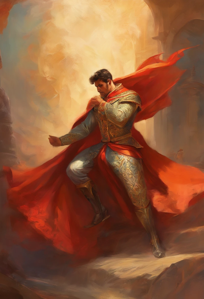 Painting of a full-length bullfighter, in front of the bull waving his cape in "olé", wild and strong, bull-killing man, champion of Seville, proud and rich man, fighting in front of the bull waving his cape at the bull, in a bullfight, in the bullring in Seville, Spain.