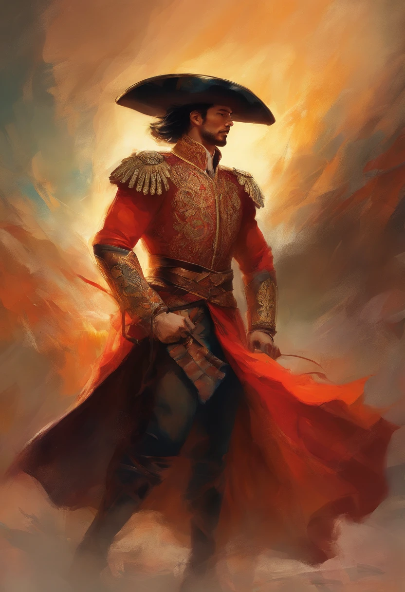 Painting of a full-length bullfighter, in front of the bull waving his cape in "olé", wild and strong, bull-killing man, champion of Seville, proud and rich man, fighting in front of the bull waving his cape at the bull, in a bullfight, in the bullring in Seville, Spain.