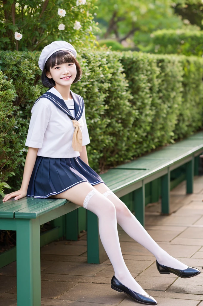 girls standing in cherry blossom park,navy blue long-sleeved sailor school swimsuit with red bow tie,navy blue pleated skirt,18-year-old,bangs,a little smile,thighs,knees,straight hair with barrette with ribbon bow,from below,front-light