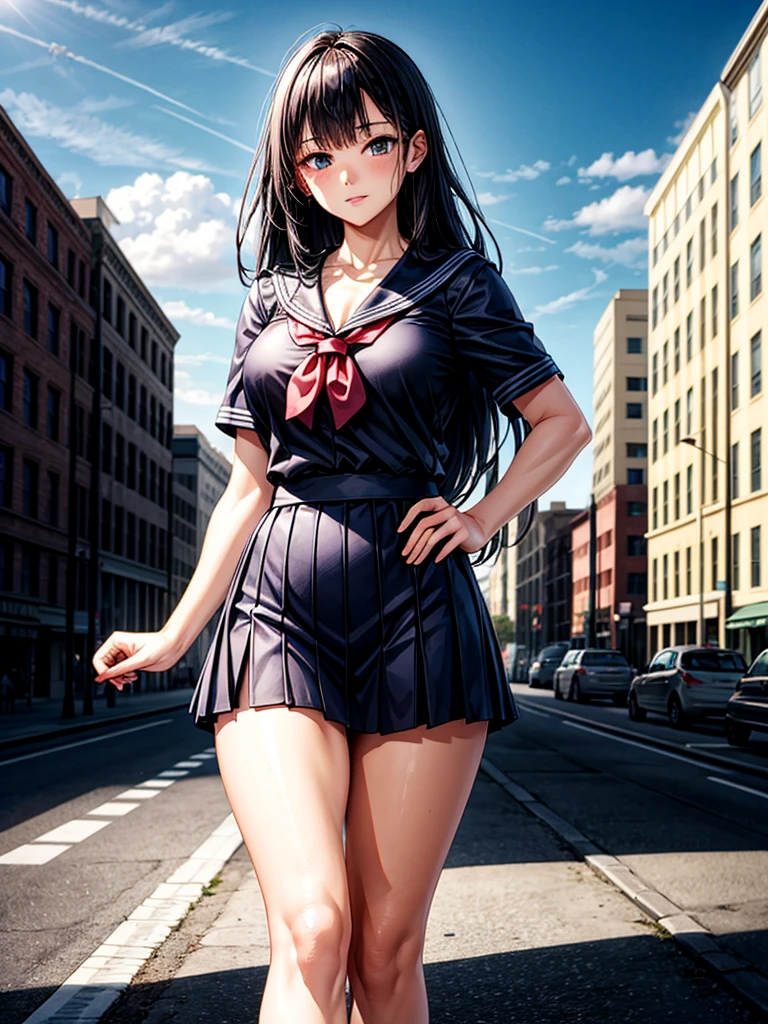 (((masterpiece、Highest image quality、highest quality、highly detailed unity 8kwallpaper)))、((Illustration of one girl))、high school girl、sailor suit、ruin city