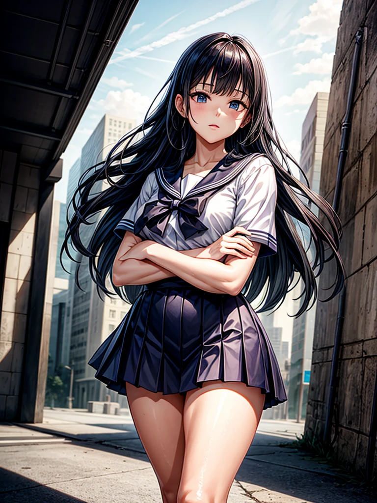 (((masterpiece、Highest image quality、highest quality、highly detailed unity 8kwallpaper)))、((Illustration of one girl))、high school girl、sailor suit、ruin city