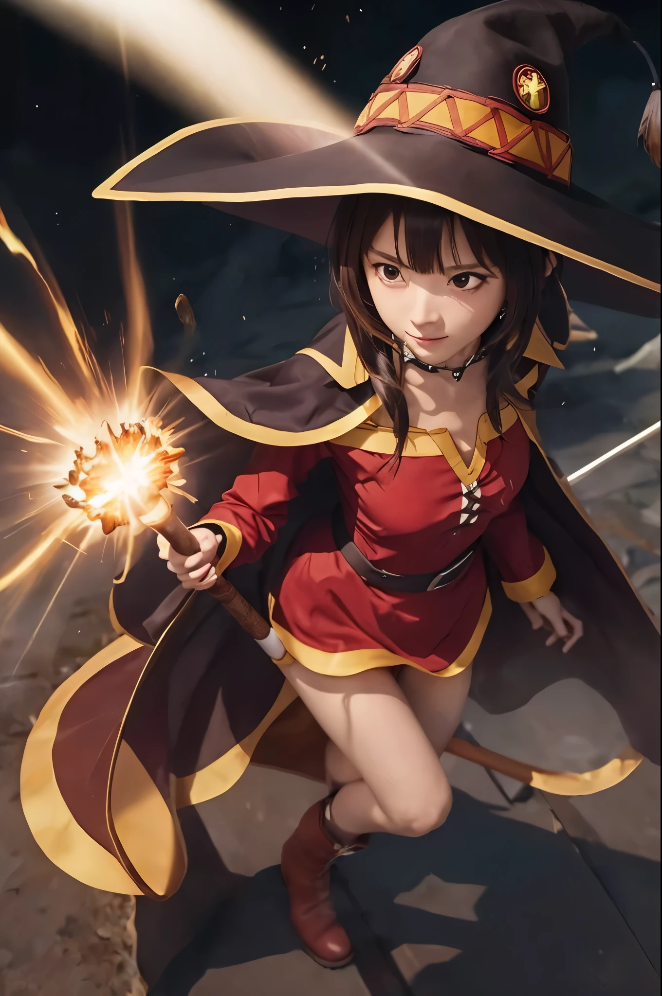 master piece, best quality, ultra high resolution, 最high quality, anime style, Best Lighting, Beautiful face, masterpiece, 最high quality, high quality , MeguKJ , megu dress , Megu has , Cape Megu , good shape , staff , holding staff , boots , short hair with long hair,bangs,chest ,  (ray of light coming out of the staff:1.4), (flying though the air:1.4) , (aura:1.2) , collar, hat, (big explosion:1.3), raise your arms