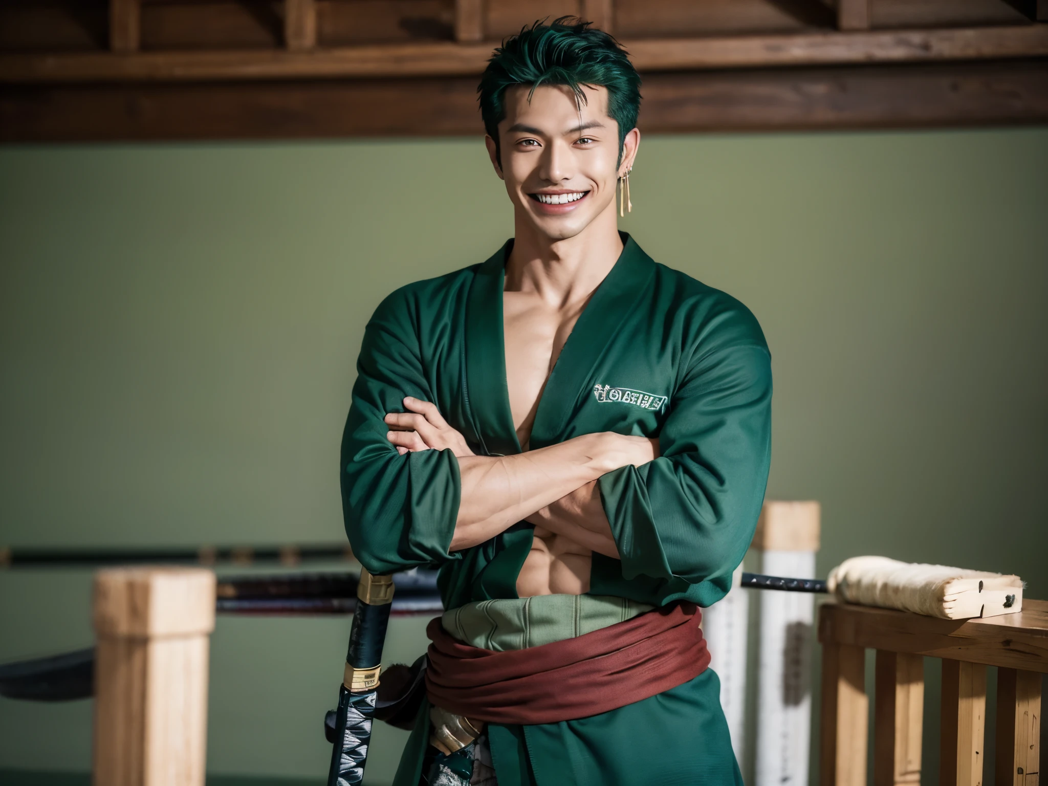(masterpiece, best quality:1.2), cowboy shot, solo, male focus, 1boy, roronoa zoro, scar, muscular male, grin, looking at viewer, (dual wielding:1.2) katanas, crossed arms, japanese clothes, Green Hair, green kimono