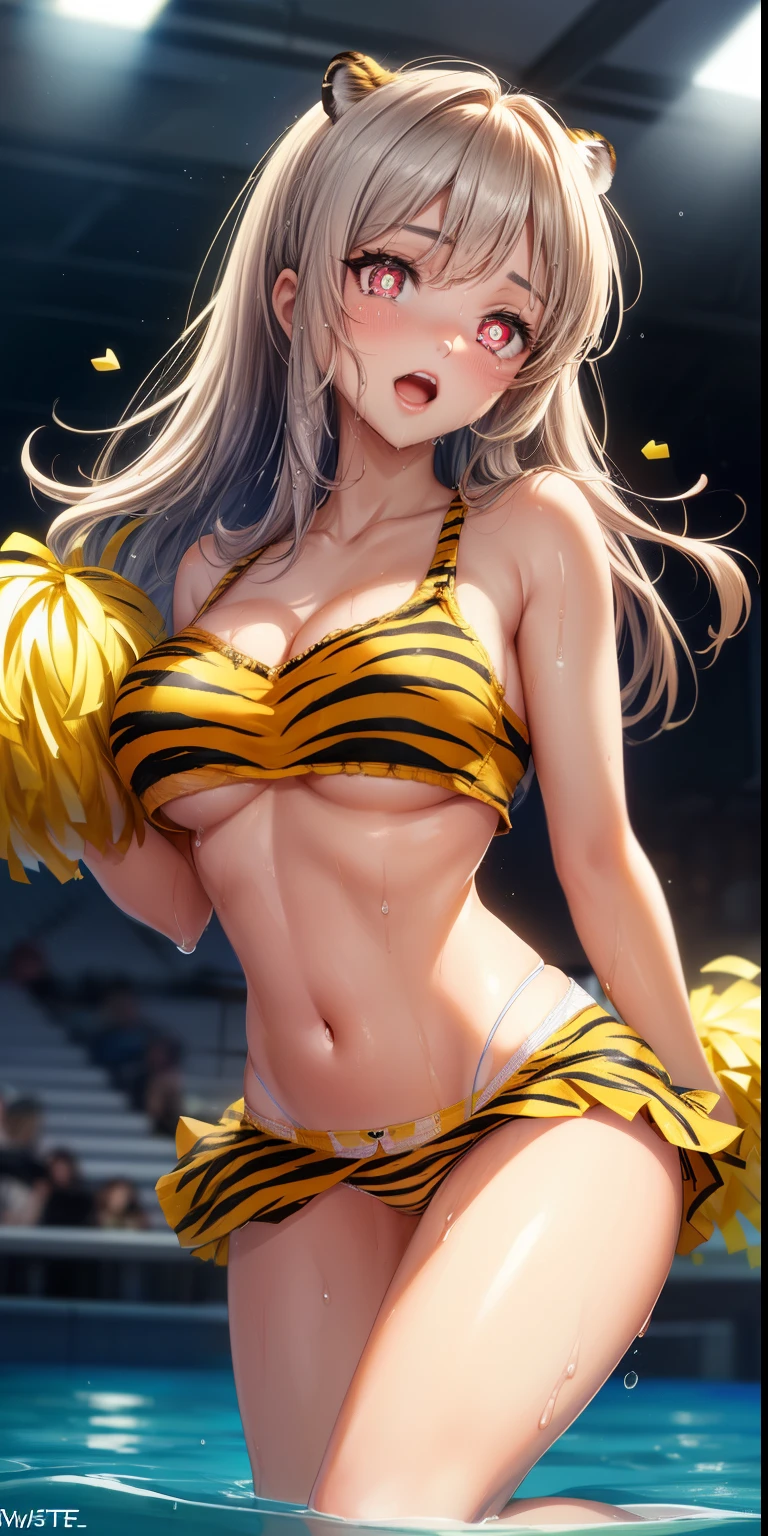 ram invader, detailed breasts, anime dick, (tiger print cheerleader: 1.2), (white panties:1.4),muste piece, best quality, open mouth, tooth, ultra-detailed breasts, Yellow eyes, cute eyes, detailed face, a cute girl, big chest, red face, (wet with water: 1.2), Generally poor breasts, areola slip, (Position where panties are visible:1.5), (beautiful breasts: 1.2), (with a bright light source: 1.2), (heart shaped pupils opening their clothes: 1.5)