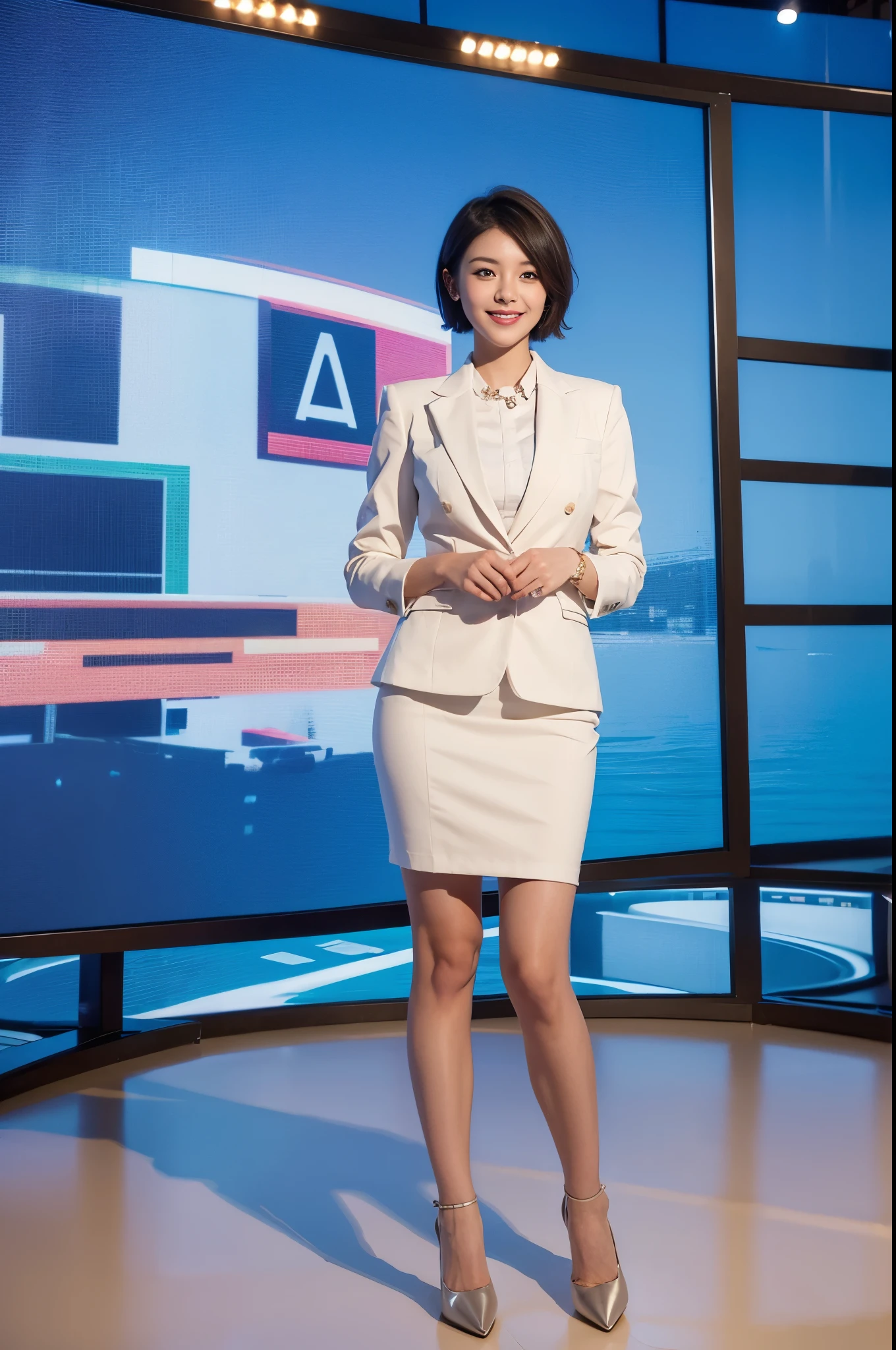 one，Cute girl news anchor with short hair，front，Smile，business attire