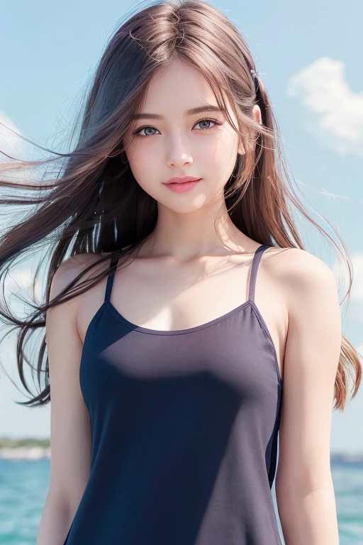 (8ก, Highest quality, Masterpiece:1.2), (realistically, Virtual image:1.37), very detailed, a girl,a little cute, single,beautifully detailed sky,date,(Nasal blush),(smile:1.15),(Mouth closed.)small breasts、Beautifully detailed eyes、(long hair: 1.2)、floating hair NovaFrogStyle、upper body、tank top、lens、hair tie