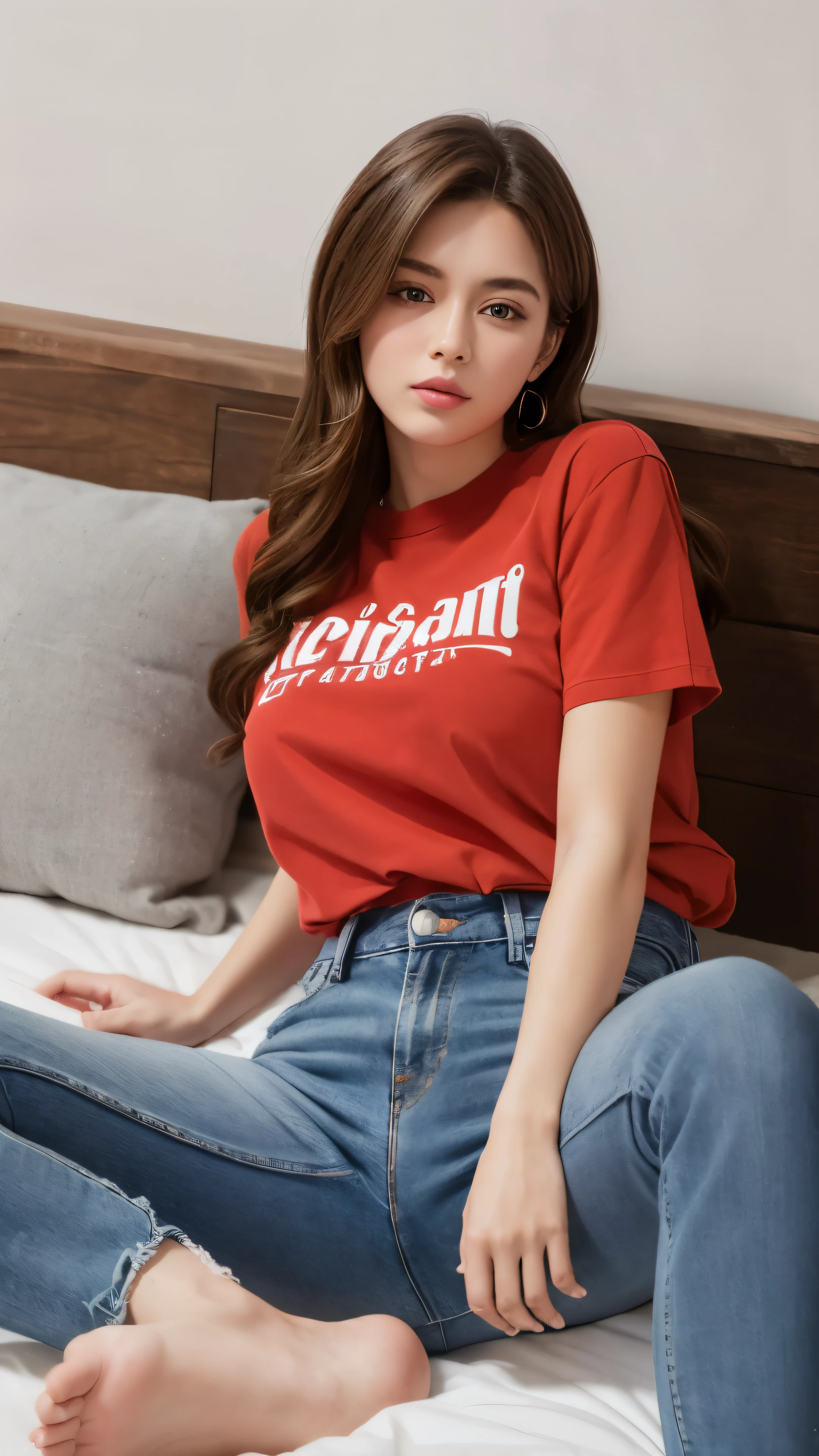 High-definition images,sleeping girl, 22 years ago, realistic, she is wearing denim pants, she is wearing a red shirt, brown hair.facial details,Details of beautiful women,Full body high-definition painting,