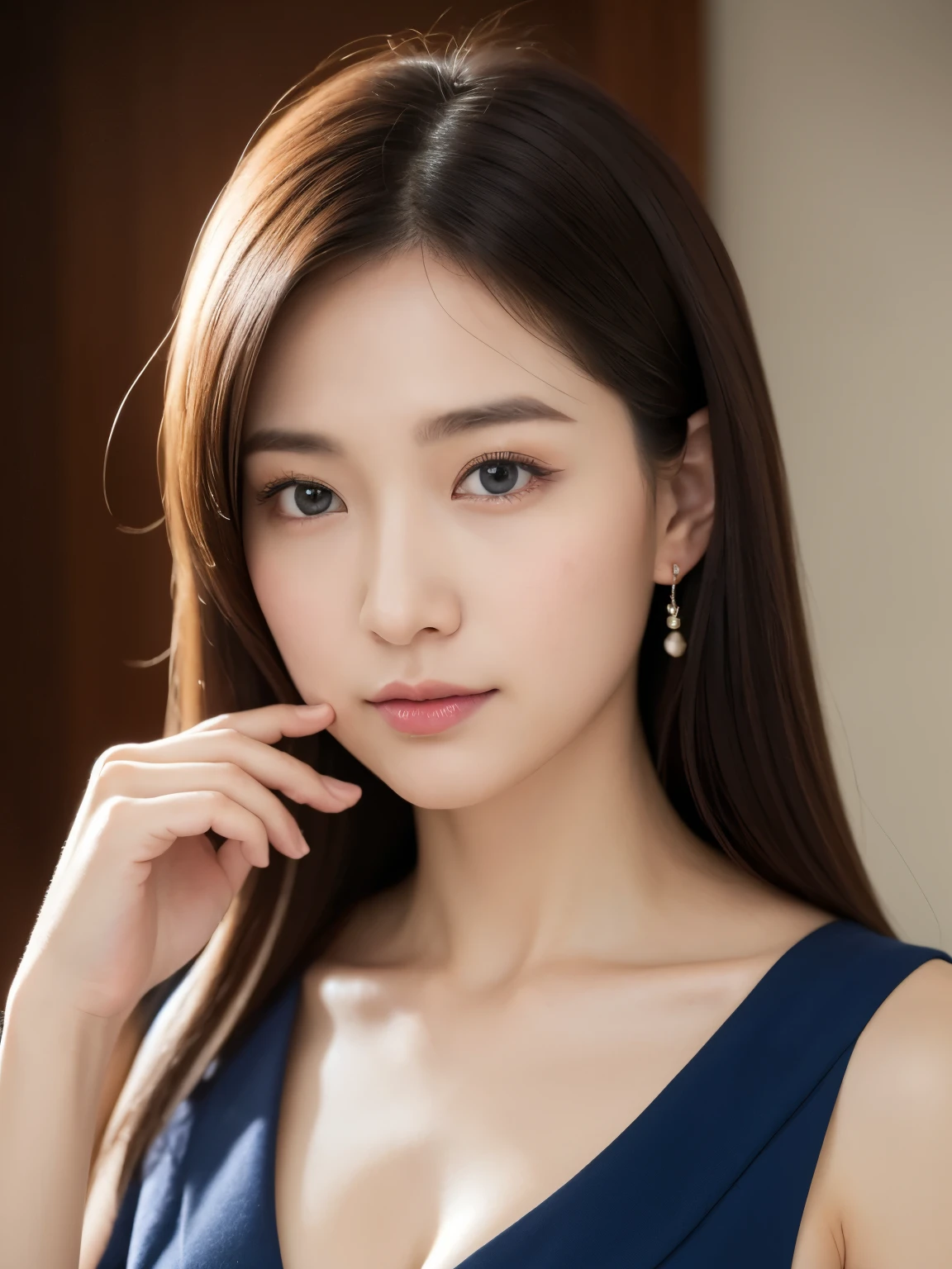 (8K、Live shooting、highest quality、master piece:1.2)、Super detailed、super resolution、(real、real写真:1.37)、Portrait、High-definition RAW color photo、professional photography、very detailedで美しい、very detailed、8K画壁紙、amazing details、huge file size、official art、very detailedなCG Unity 8Kの壁紙 very detailedな女性、madame、40 year old woman with a handsome face, very fine eyes、very detailedな肌、very detailedな指、very detailedな鼻、very detailedな詳細な口、perfect anatomy、detailed background、Detailed service、white skin、glowing skin、semi-long、real-looking face、delicate eyes、Drooping eyes、Looking at the camera、cowboy shot、Front facing、standing posture、dynamic lighting、close up of face、show your skin、without accessories、Put your hand on your cheek、touching his cheek