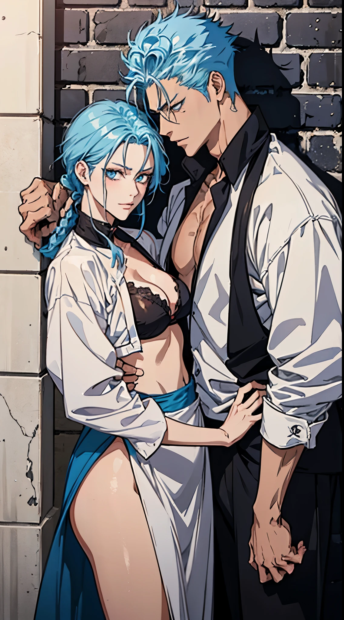 BLEACH、Grimmjow Jaguar Jack is a man with light blue hair and a fearless smile.、The girl has black hair, mitsubishi braids, and large breasts, and her face is red due to shyness.、man and woman in love、Grimmjow Jaguar Jack is holding a girl against the wall and restraining her.、Yume picture