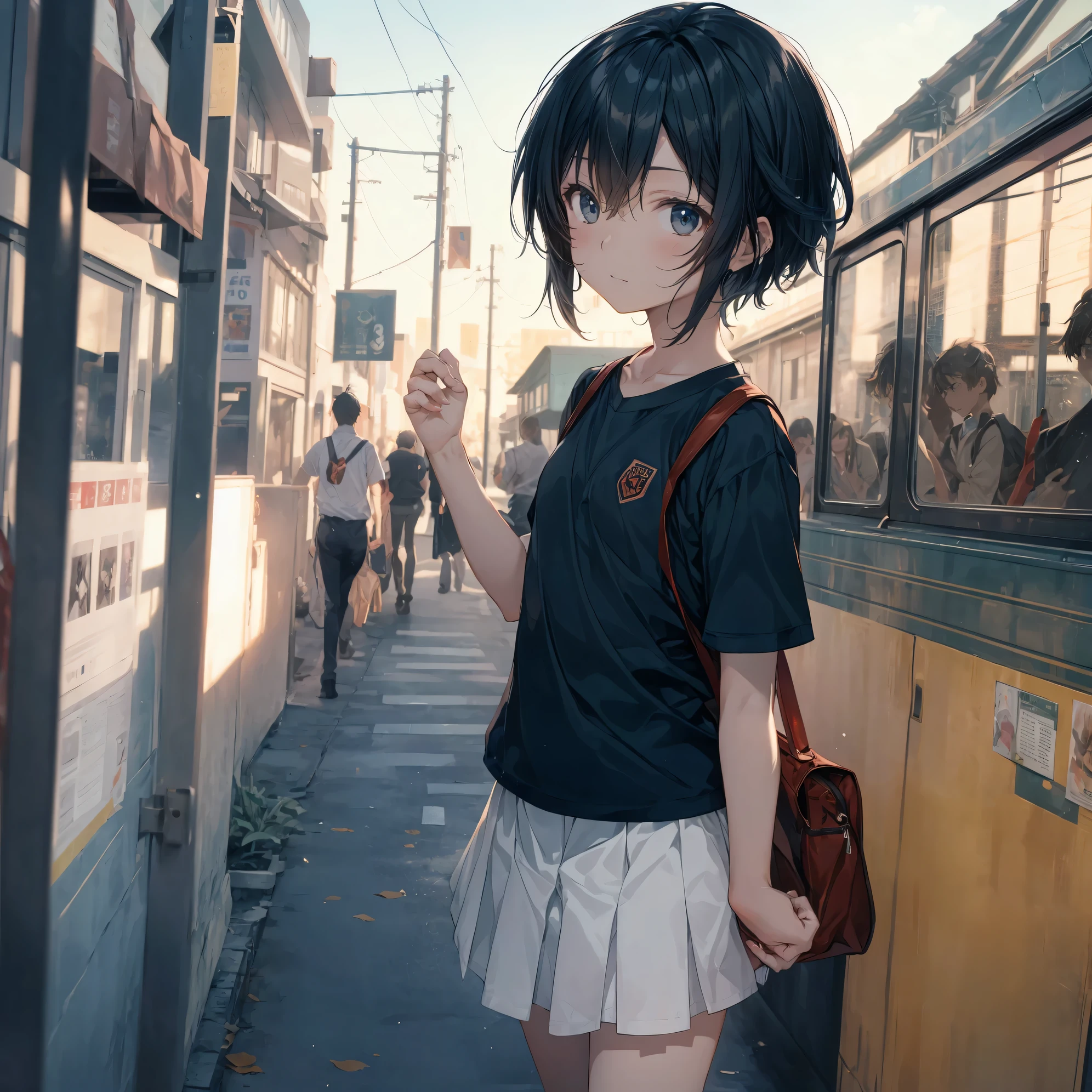 ultra-Top-quality by art God, ultra-detailed, high resolution, shinkai makoto style, anime moe artstyle, best anime 8k konachan wallpaper, pixiv contest winner, perfect anatomy, break,(Please draw a girl walking sleepily to school alone. ),break, a hyperrealistic schoolgirl, (Solo,Loli,child,13-year-old:1.3),Full limbs, complete fingers,a junior high school student, androgynous charm, (Very very Short hair), messy hair, flat soft chest, Small butt, groin, Small eyes,beautiful detailed black eyes, well-proportioned iris and pupils, disgusted eyes, highres detailed hair, school Uniform, skirt,  in the School commute route. break,super detailed skin, Best lighting powered by famous artist, 8k, illustration,