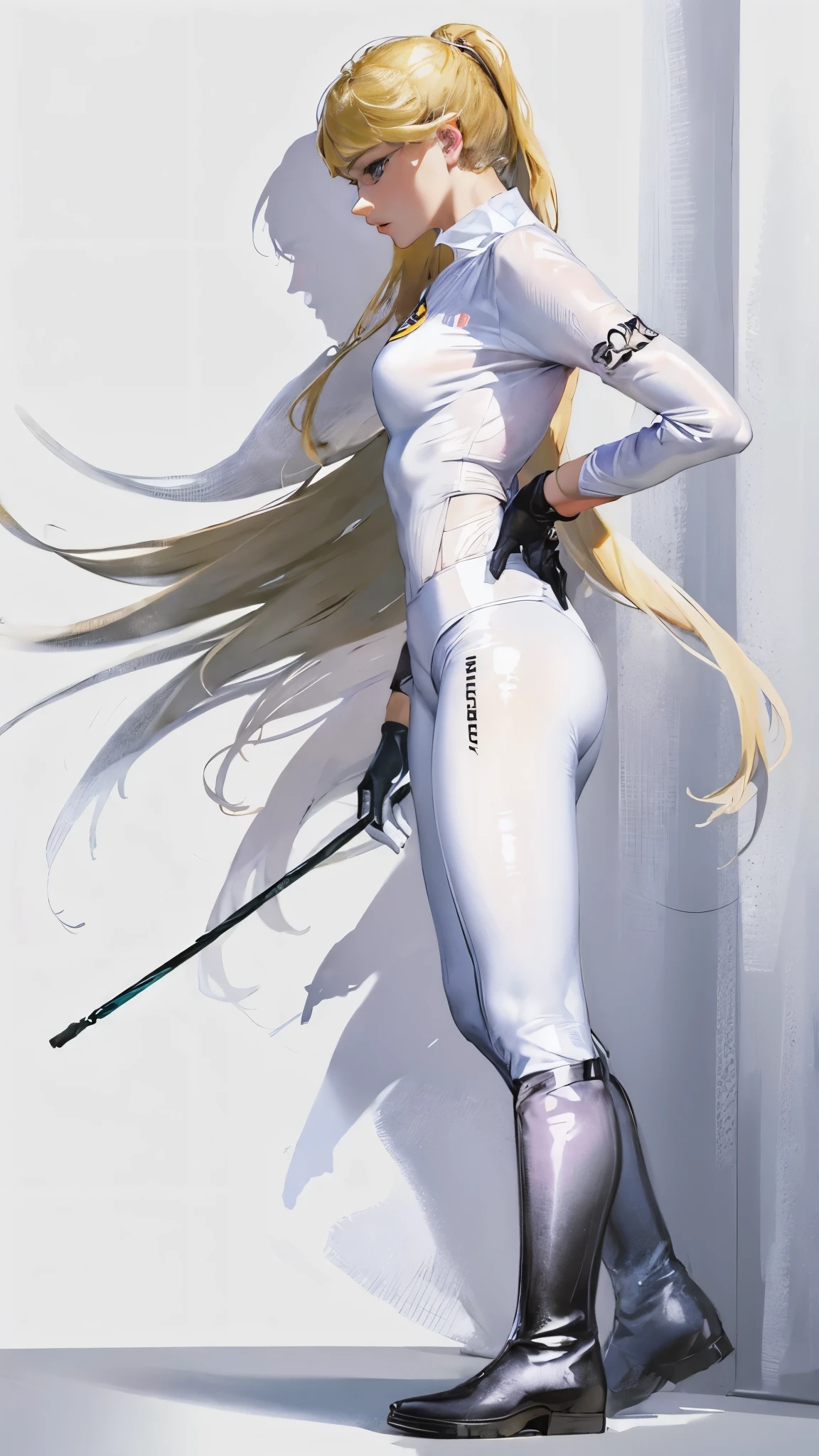 (highest resolution, distinct_image) best quality, a woman, solo, masterpiece, highly detailed, semi realistic, blonde hair, bangs, 18 years old, mature, young, tall strong, uniform, military uniform( large indoor background), cold, serious, tall, handsome, autocratic, powerful, exquisite facial features, exquisite facial features, (full body)(black knee-high boots:1.4)(dominatrix:0.3)(white Yoga pants:1.3),(gloves:1.5)(long sleeves),(active sportswear shirt),(princess Zelda),solo,1girl,(looking at viewer:0.2),(from below:0.7)(head turned upwards:0.3)(smiling:0.4)(bodysuit:0.3)(holding riding crop:1.2)(other hand empty)(muscular:0.5)(shirt tucket in pants)(white_background)