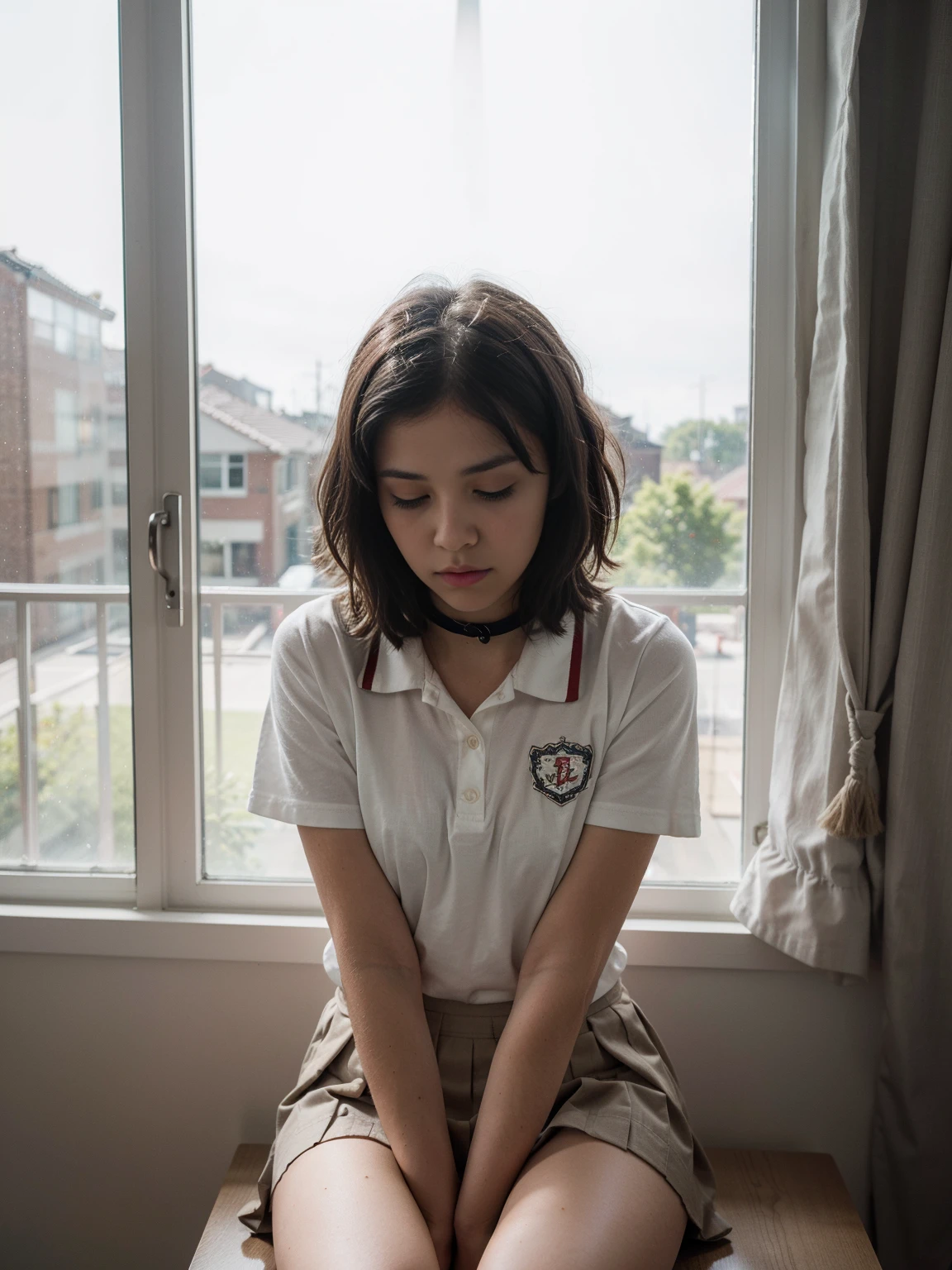 ((masterpiece,best quality, high resolution)), 1girl, solo, black eyes, short wavy hair, sitting, sleeping, school uniform, white serafuku, red sailor collar, short sleeves, white pleated skirt (in library), dramatic light beside window, afternoon light through the window, afternoon, bokeh effect