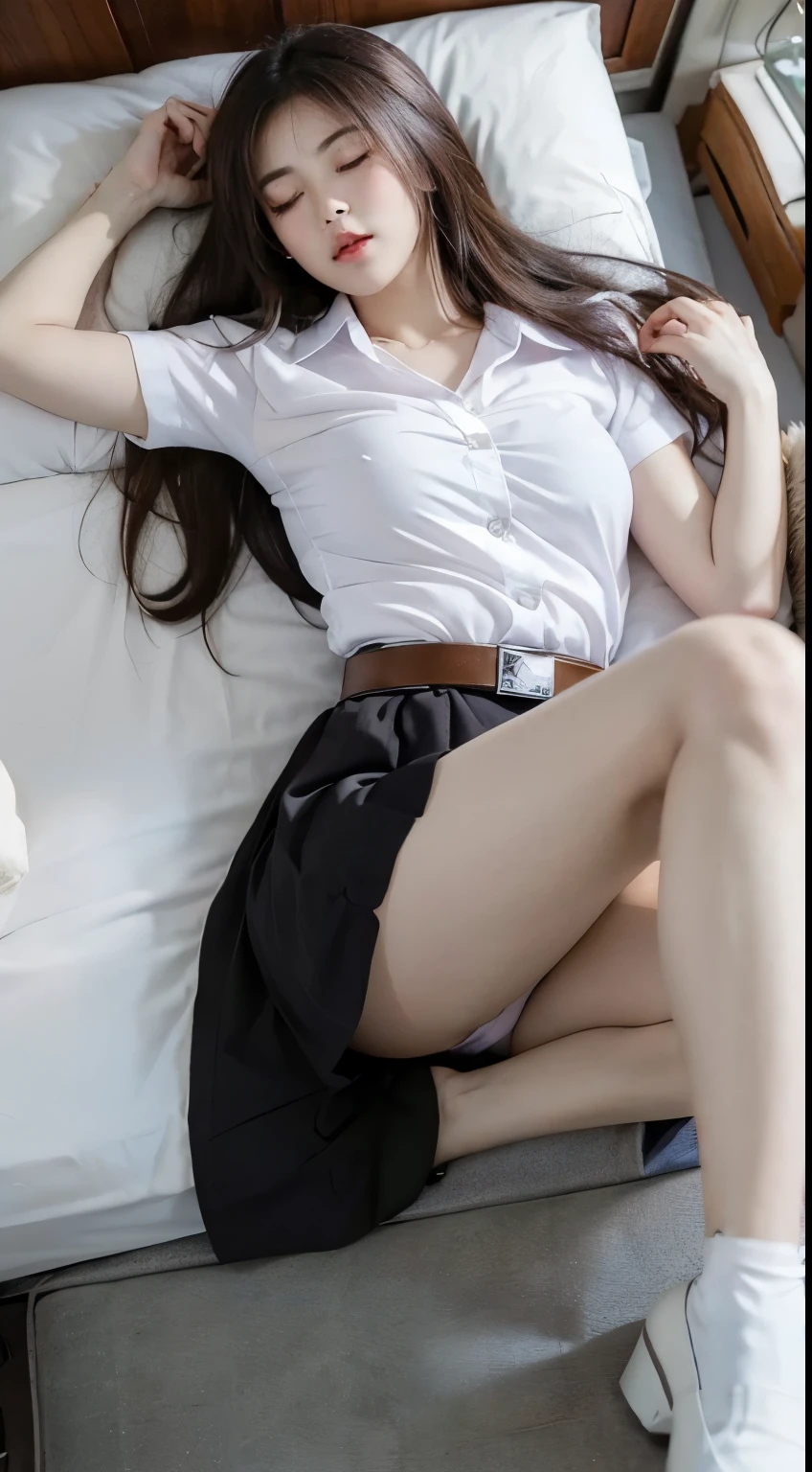 ((perfect anatomy, anatomically correct, super detailed skin))), 1 woman, ((Thai university uniform:1.6)), from front, shiny skin, detailed hair, detailed face, detailed eyes, (long hair:1.5, brunette hair:1.7), natural bangs, hair between eye, light brown hair, brown eyes, babyface, mole under eye, lip gloss, beautiful body, normal breasts, beautiful thighs, beautiful legs, camel toe, ((detailed cloth texture, button down white shirt, black tight short skirt:1.6, light brown belt, high heel shoes)), white panties, beautiful scenery, summer, (lying on back:1.4), ((close eyes:1.6)), (sleeping), laying on the bed, (8k, top quality, masterpiece:1.2, extremely detailed), (realistic, photorealistic:1.4), beautiful illustration, natural lighting, whole body