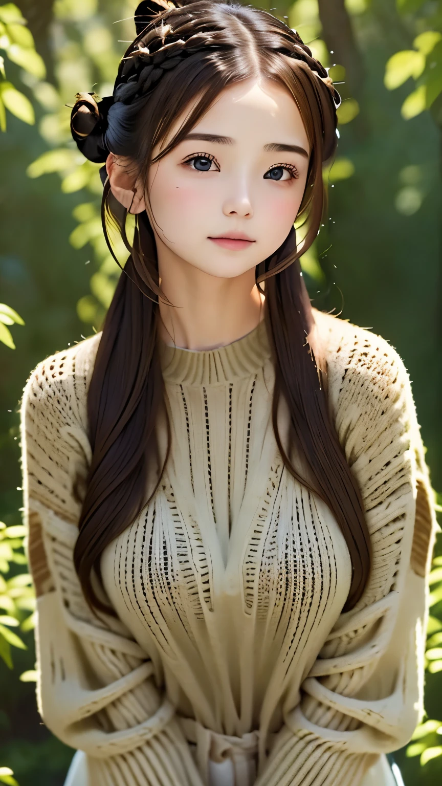 woman, Large breasts, facingviewer,fcPortrait, Cropped sweater, midriff, Sweater, 1girll, Detailed face, Suspended driveway, illustrated