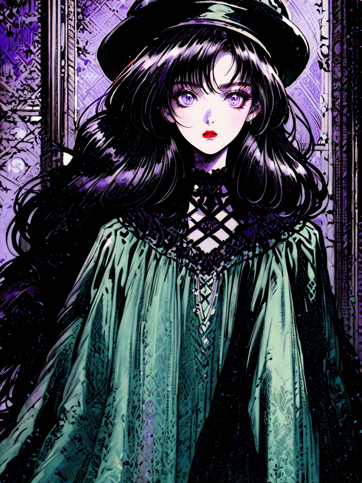 90s vintage fashion anime, girl Standing at the door, The context describes a gothic style artwork showing a girl wearing black dress, hat and make-up standing in a mysterious garden surrounded by vines and purple flowers with gothic architecture in the background. Her hair is in long black braid with red rose and she has pale complexion and red lips. The atmosphere is gloomy with dim lighting and long shadows. The artwork uses mix of digital art and photography to create a high resolution image with dark, muted colors and hints of red and purple creating a sense of dark beauty blending neo-gothic, horror and portrait photography styles graphic illustrations - cute style,-- ar 4:5