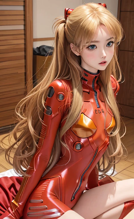 realistic、picture、High level image quality、solo、Perfectly detailed face、fine blue eyes、very detailed、blush、hair ornaments、Chignon mahogany hair、(blonde hair)、Plug Suit 02,Shikinami Asuka Langley、slender legs、 young face、Cute Aiur body suit、Torn suit、Chest fluttering、chest exposure、Background of Hakone、spread legs、masturbate、underwear、Climax、naked、全naked、