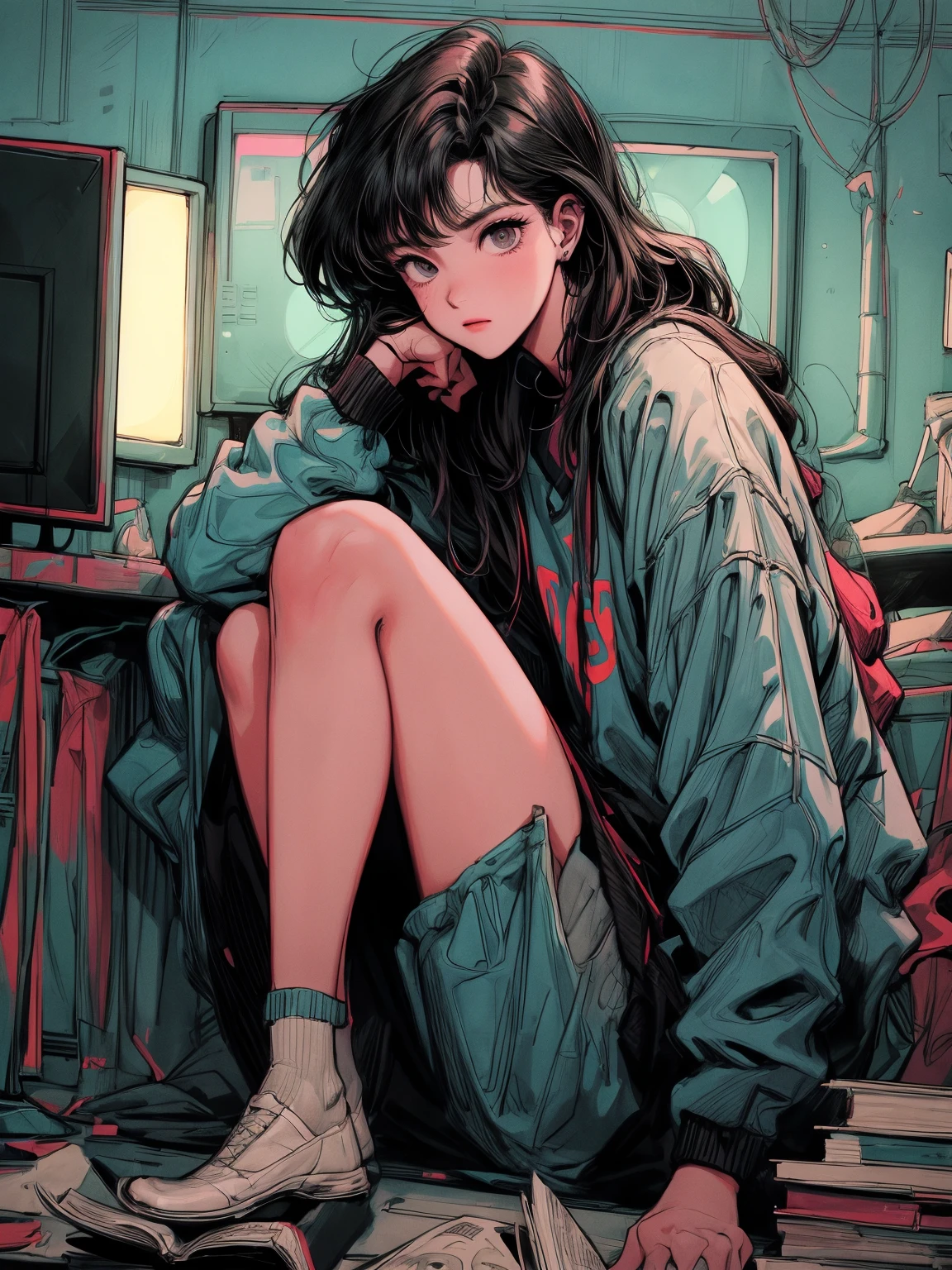 there is a girl sitting on a bed in a room playing video games, big television, room with books, cyberpunk, inspired by Liam Wong, at night, dark room, lo-fi illustration style, gamer room, studying in the room, cyril rolling over and m.w kaluta, teenm.