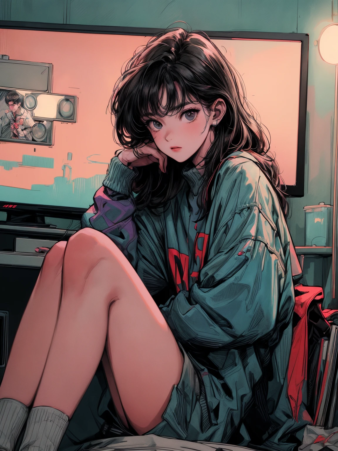 there is a girl sitting on a bed in a room playing video games, big television, room with books, cyberpunk, inspired by Liam Wong, at night, dark room, lo-fi illustration style, gamer room, studying in the room, cyril rolling over and m.w kaluta, teenm.