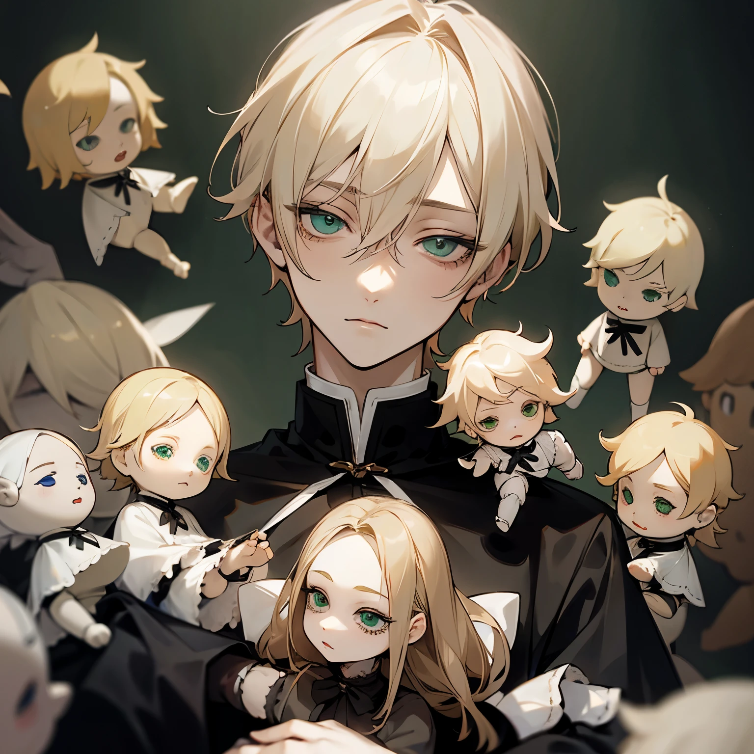 solo, ((anime man)), male, ashy blonde hair, green eyes, pale skin, ((doll)), bjd, ((puppet)), gothic clothes, portrait