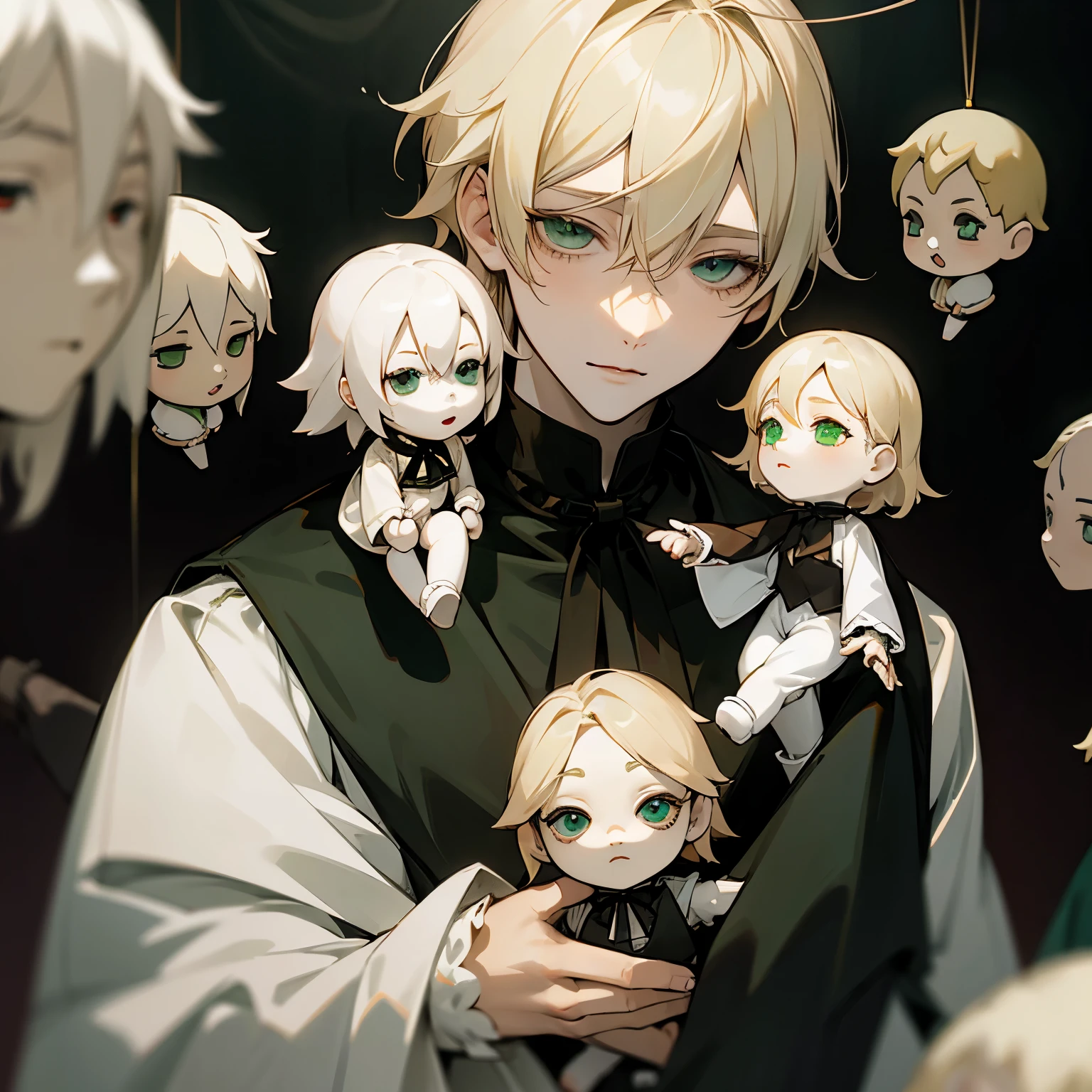 solo, ((anime man)), male, ashy blonde hair, green eyes, pale skin, ((doll)), bjd, ((puppet)), gothic clothes, portrait