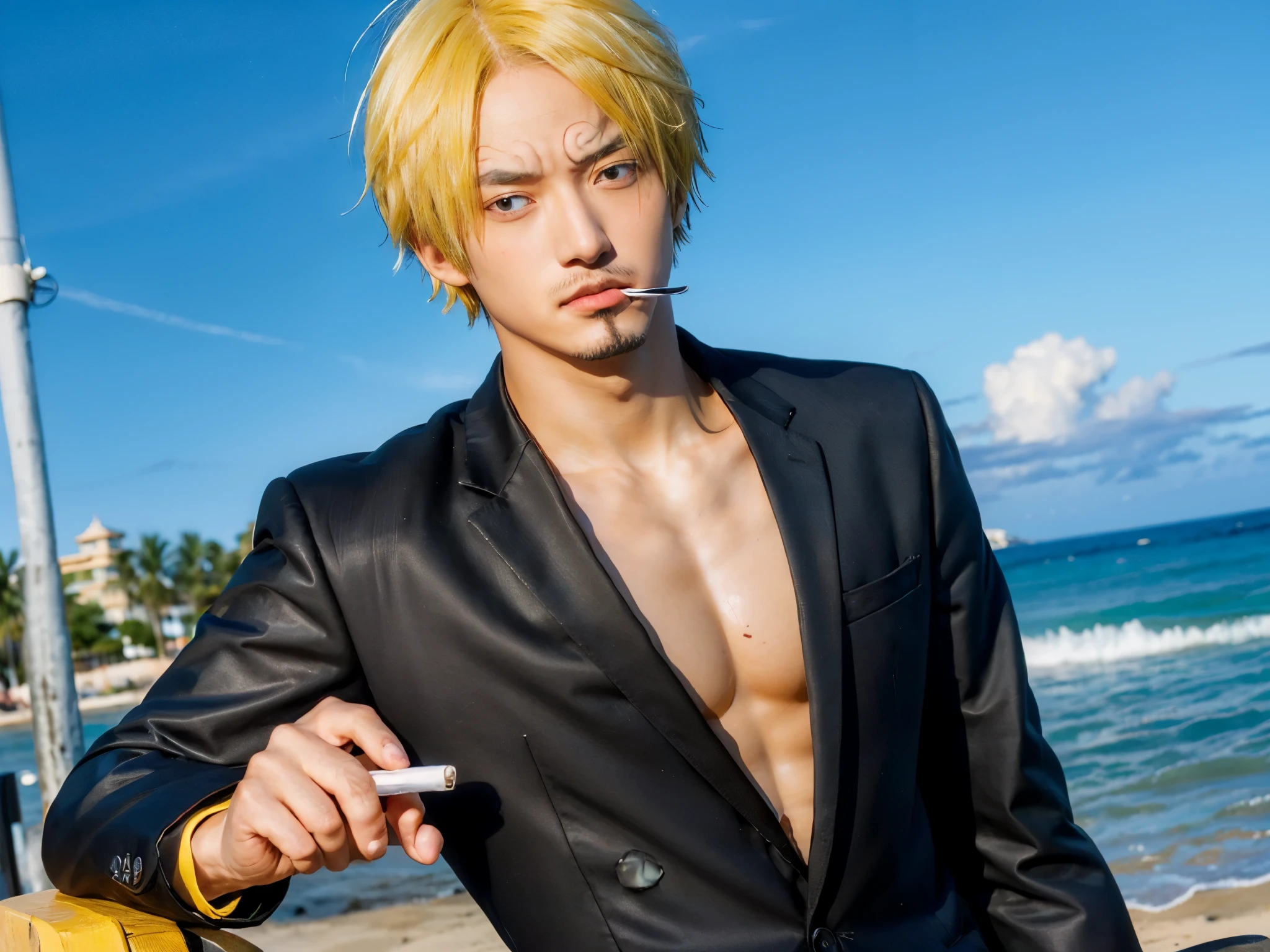 1man, sanji in anime one piece, short hair , yellow hair, black eyes, handsome, black suit, smoking a cigarette,realistic clothes, detail clothes, background beach, ultra detail, realistic