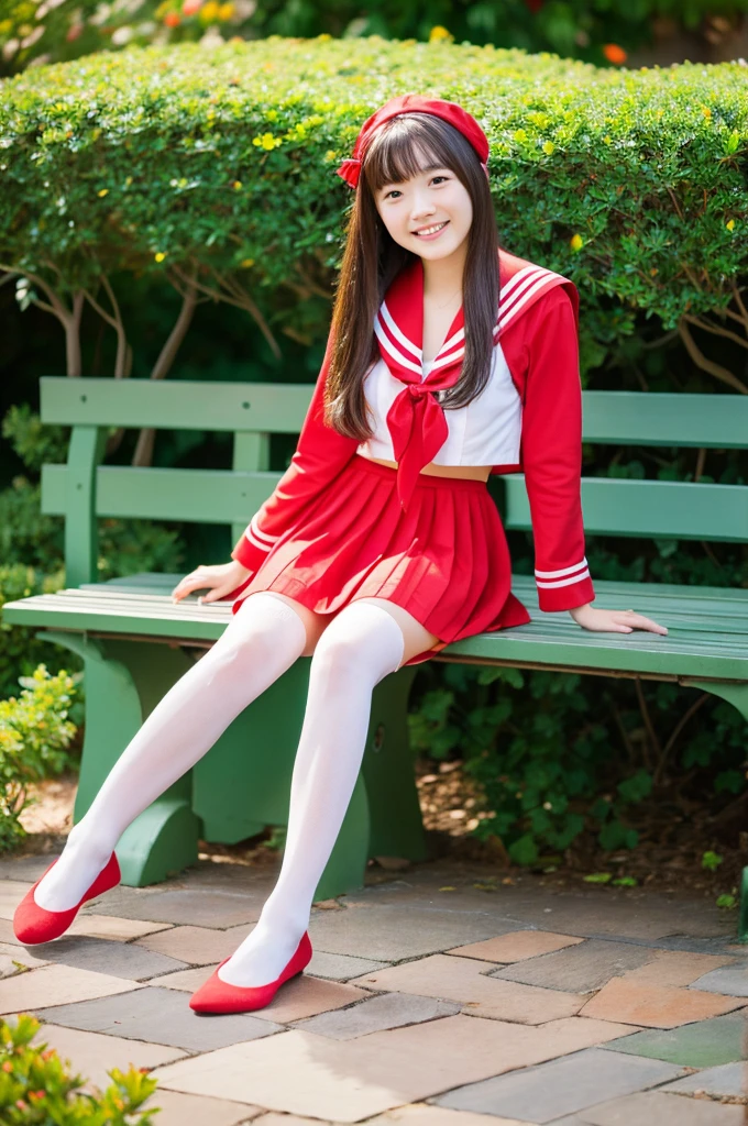 highest quality、masterpiece、High resolution、4K、real 18 year old woman、Red sailor suit、pleated mini skirt、garden、sitting on the bench、smile、stockings、medium long hair、1 girl、
