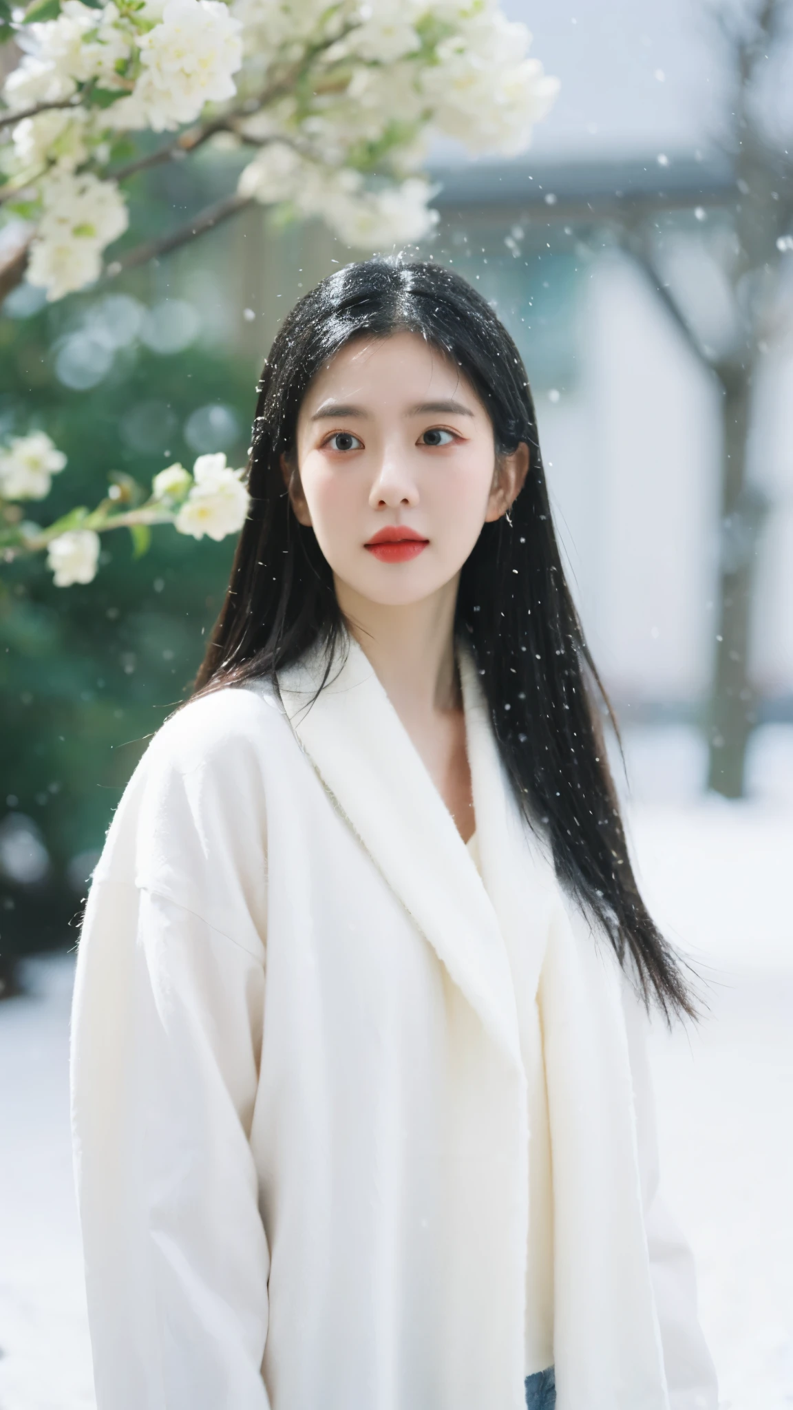  (painting:1.2),
\\
One with black hair、Woman with white flowers in her hair stands in front of camellia, (Amy Saul:0.248), (Liu Stanley:0.106), (a detailed painting:0.353), (gothic art:0.106)snow，Snow scene outdoor，heavy snow
