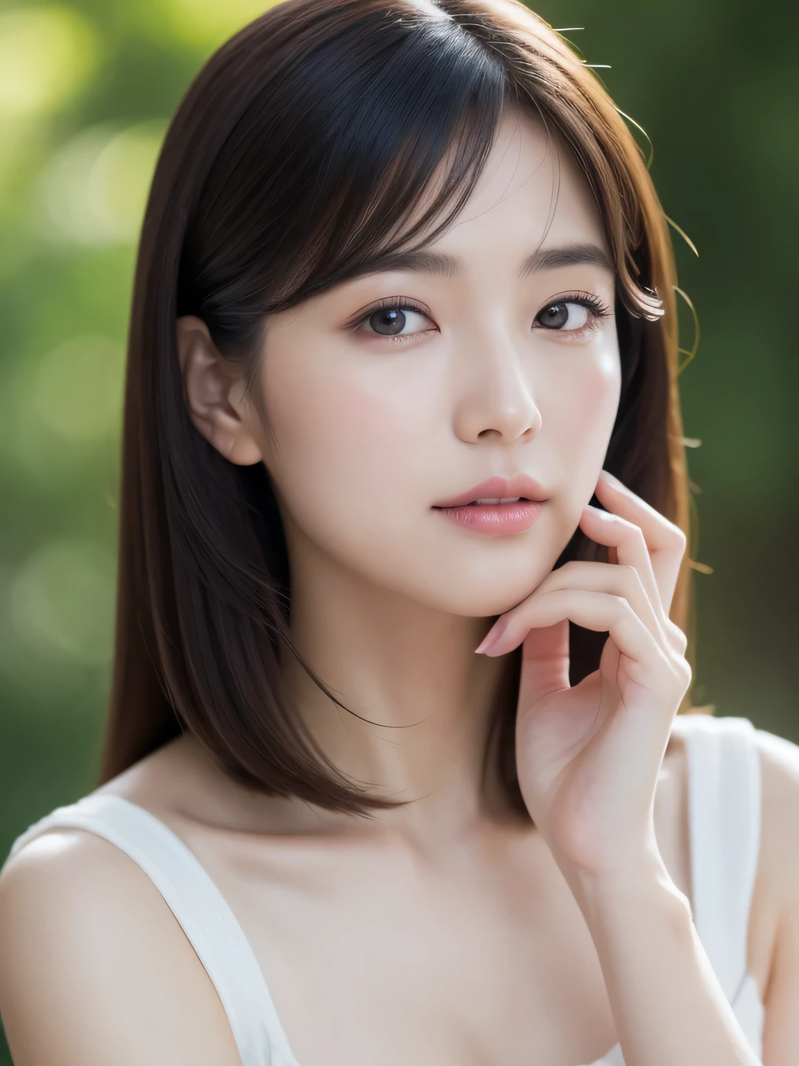 (8k、Live shooting、highest quality、masterpiece:1.2)、Super detailed、super resolution、(genuine、genuine写真:1.37)、portrait、High-definition RAW color photo、professional photography、very detailedで美しい、very detailed、8k painting wallpaper、amazing details、huge file size、official art、very detailedなCG Unity 8kの壁紙 very detailedな女性、madame、40 year old woman with a handsome face, very fine eyes、very detailedな肌、very detailedな指、very detailedな鼻、very detailedな詳細な口、perfect anatomy、detailed background、Detailed service、white skin、glowing skin、semi-long、genuine-looking face、delicate eyes、droopy eyes、looking at camera、cowboy shot、positive、standing posture、dynamic lighting、close up of face、show your skin、No accessories、Put your hand on your cheek、touch his cheek