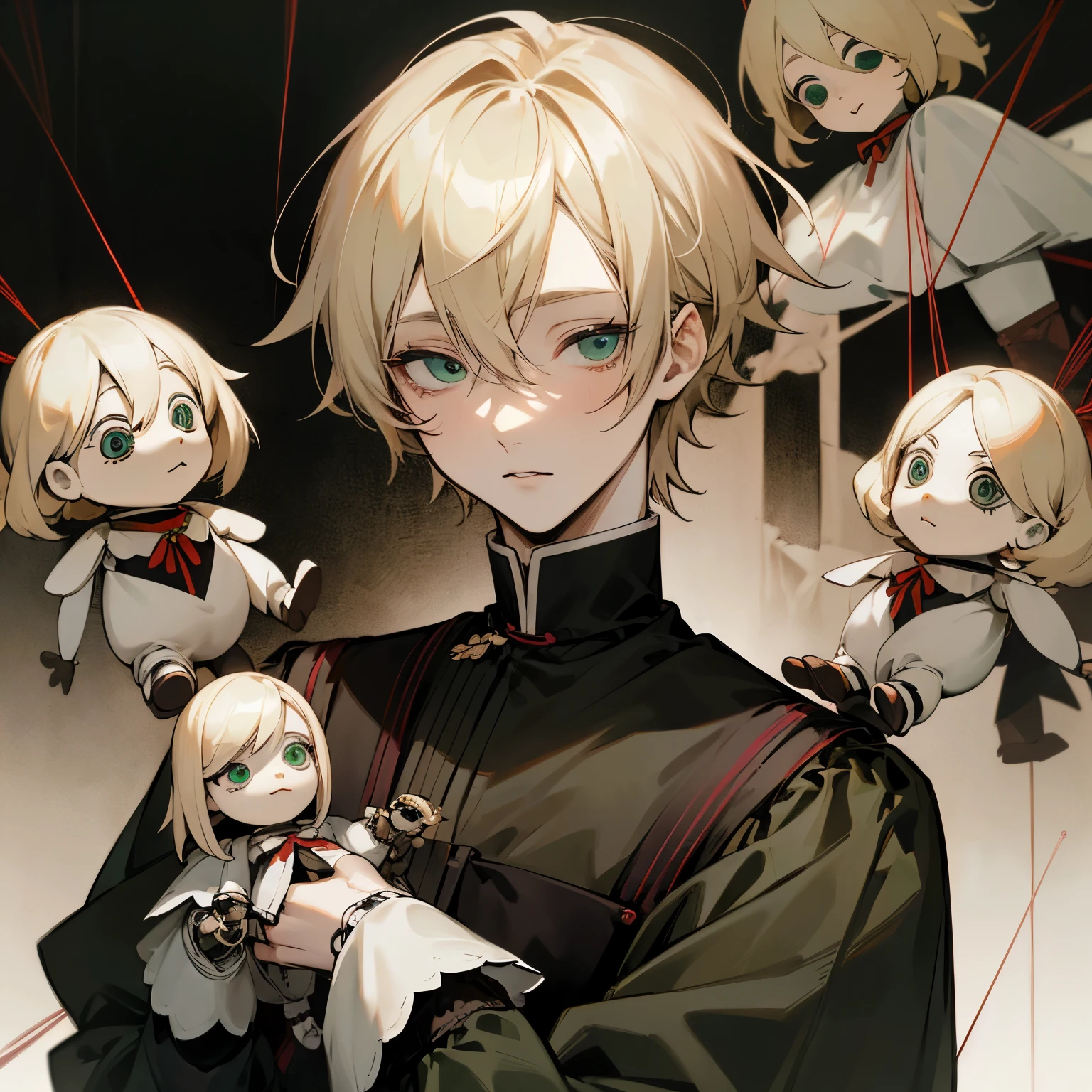 ((solo)), ((anime man)), ((man)) male, ashy blonde hair, green eyes, pale skin, ((doll)), ((he has doll joints on his body)), ((puppet)), ((he has puppet strings)), gothic clothes, portrait, handsome