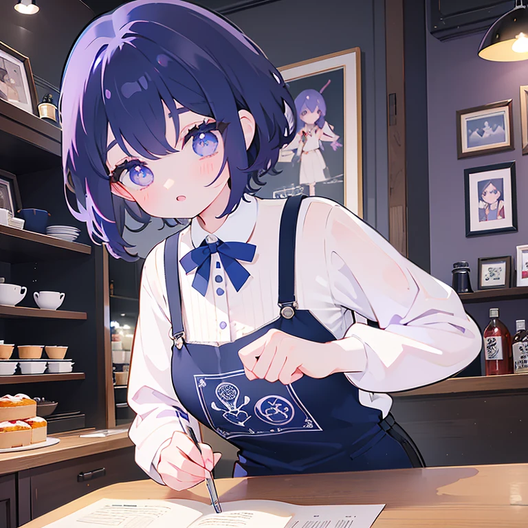 work at a cafe，cutter shirt，navy blue apron，Bob hair with dark purple and light purple inner layer，big eyes，cute，one girl，masterpiece，best image quality，highest quality。Cafe au lait