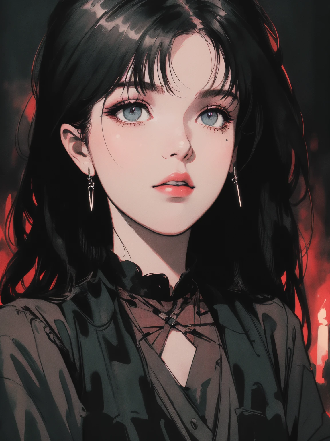 (best quality,4k,8k,highres,masterpiece:1.2),ultra-detailed,(realistic,photorealistic,photo-realistic:1.37),Witch,Wednesday Adams,dark,Neo goth,beautiful detailed eyes,beautiful detailed lips,extremely detailed eyes and face,longeyelashes,mystical atmosphere,dark and gloomy background,dark clothing and accessories,gothic style,vintage look,dramatic lighting,black and white with pops of red,hauntingly beautiful,ethereal presence,witchcraft and magic,spellbinding,moody and mysterious,vivid colors,concept artists.