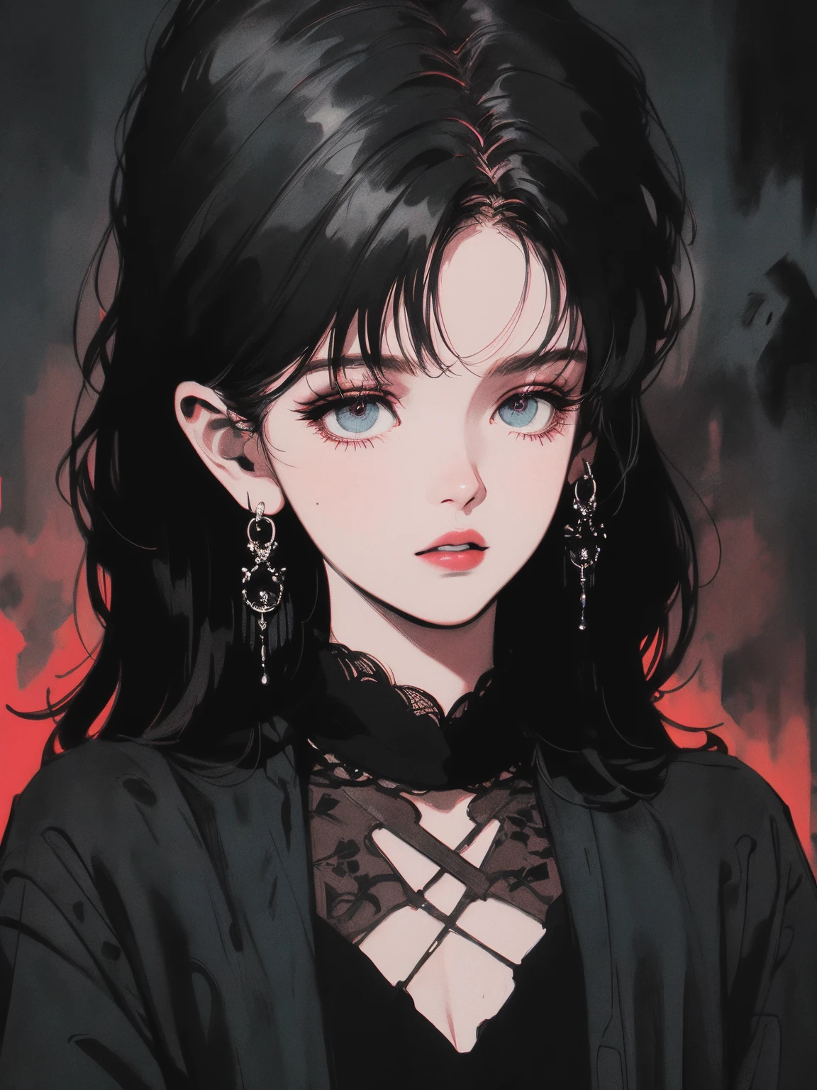 (best quality,4k,8k,highres,masterpiece:1.2),ultra-detailed,(realistic,photorealistic,photo-realistic:1.37),Witch,Wednesday Adams,dark,Neo goth,beautiful detailed eyes,beautiful detailed lips,extremely detailed eyes and face,longeyelashes,mystical atmosphere,dark and gloomy background,dark clothing and accessories,gothic style,vintage look,dramatic lighting,black and white with pops of red,hauntingly beautiful,ethereal presence,witchcraft and magic,spellbinding,moody and mysterious,vivid colors,concept artists.
